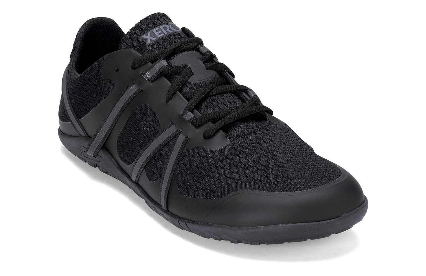 Xero Barefoot Shoes sold in Ontario, Canada. These minimalist shoes have flexible soles, wide toe boxes, and zero drop. Angled view of Xero Women's Speed Force II in Black. Running and speed training shoe.