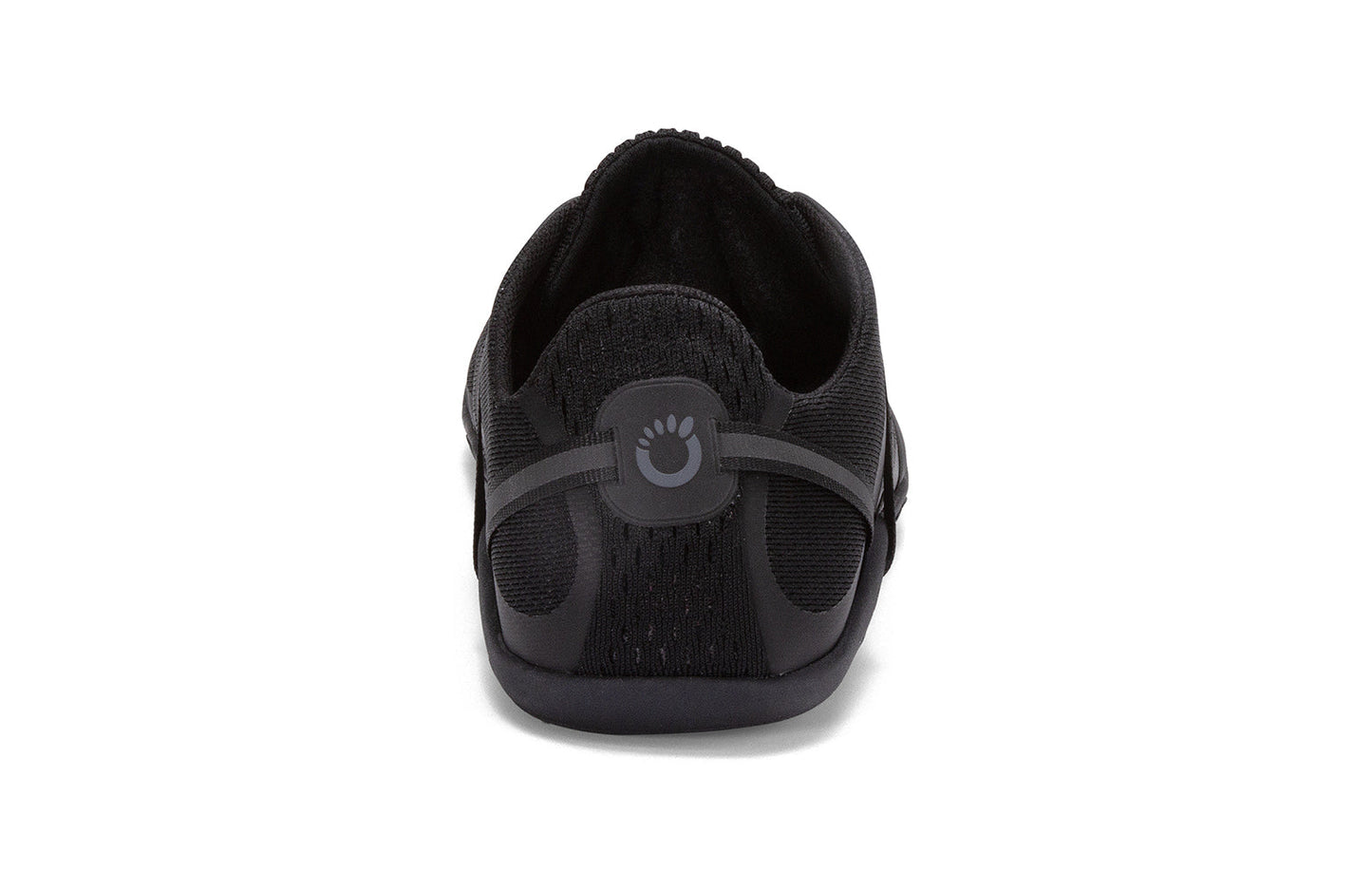 Xero Barefoot Shoes sold in Ontario, Canada. These minimalist shoes have flexible soles, wide toe boxes, and zero drop. Rear view of Xero Women's Speed Force II in Black. Running and speed training shoe.