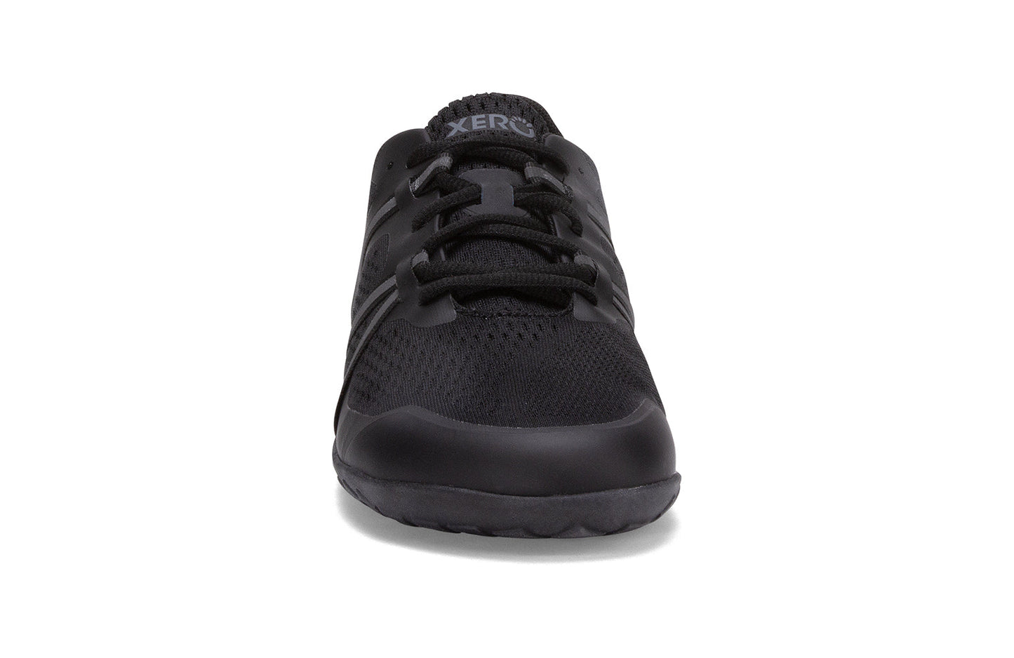 Xero Barefoot Shoes sold in Ontario, Canada. These minimalist shoes have flexible soles, wide toe boxes, and zero drop. Front view of Xero Women's Speed Force II in Black. Running and speed training shoe.