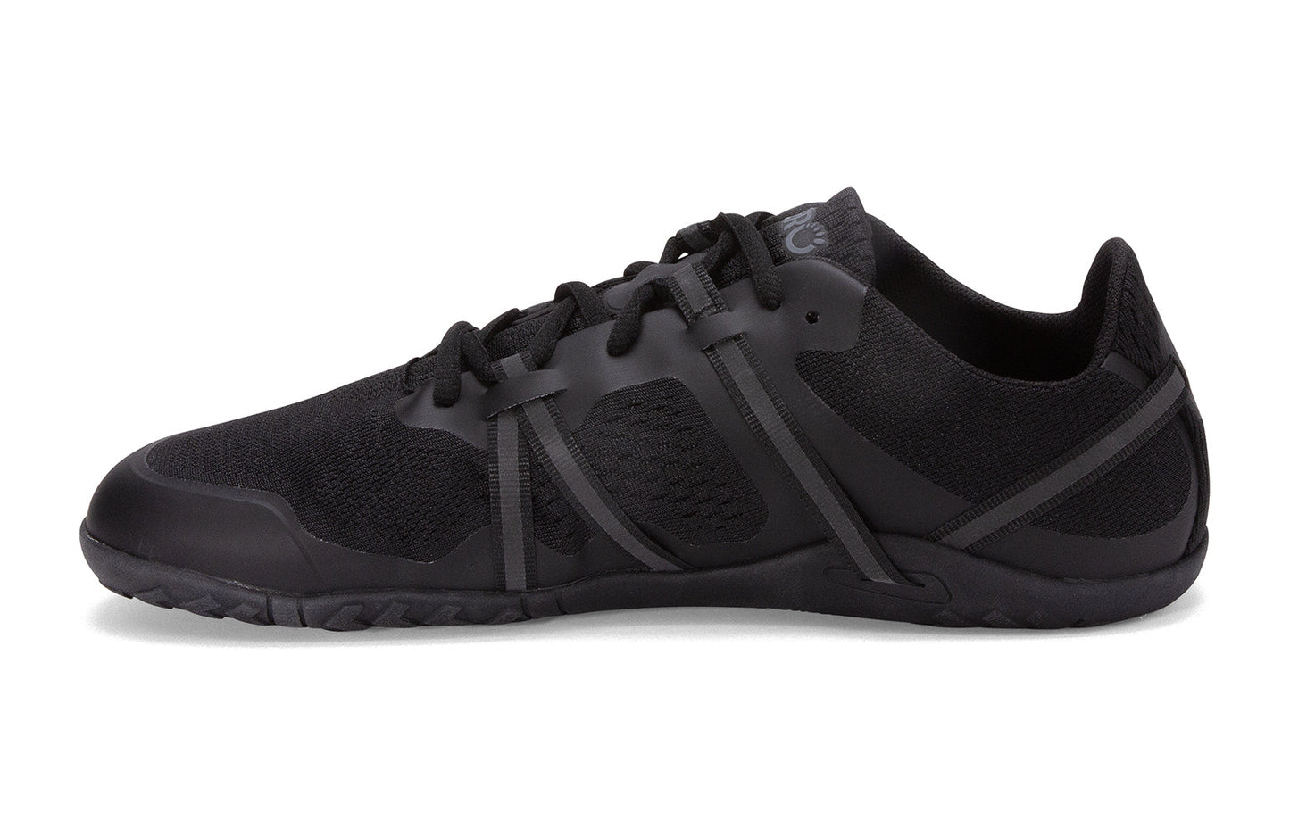 Xero Barefoot Shoes sold in Ontario, Canada. These minimalist shoes have flexible soles, wide toe boxes, and zero drop. Medial side view of Xero Women's Speed Force II in Black. Running and speed training shoe.