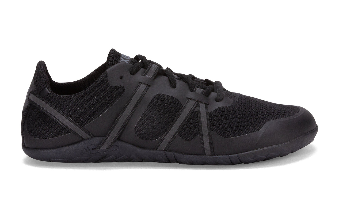 Xero Barefoot Shoes sold in Ontario, Canada. These minimalist shoes have flexible soles, wide toe boxes, and zero drop. Lateral medial view of Xero Women's Speed Force II in Black. Running and speed training shoe.