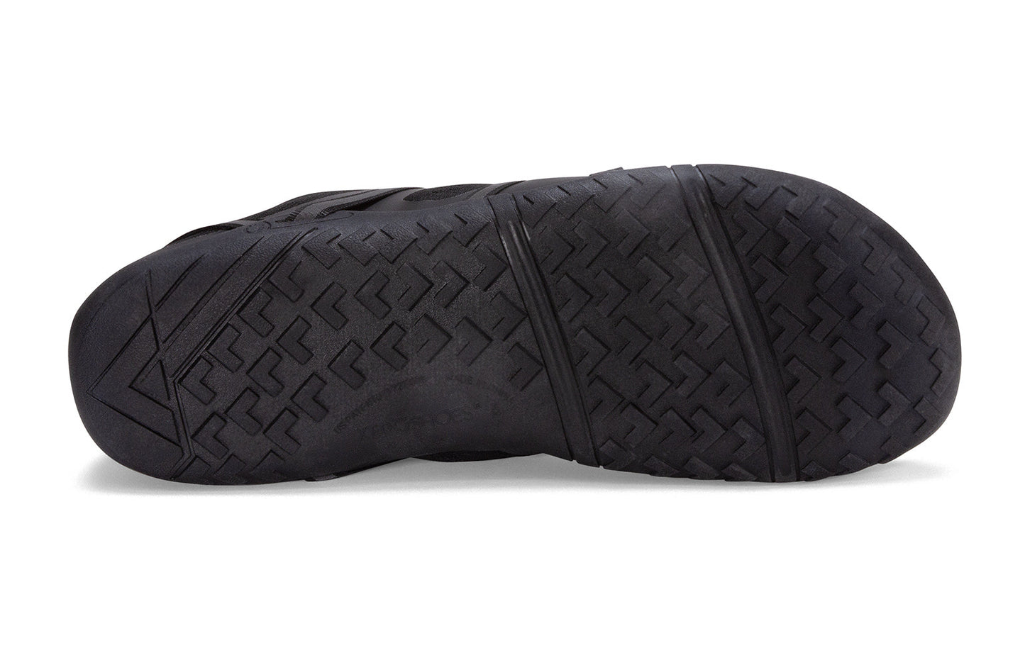 Xero Barefoot Shoes sold in Ontario, Canada. These minimalist shoes have flexible soles, wide toe boxes, and zero drop. Sole view of Xero Women's Speed Force II in Black. Running and speed training shoe.