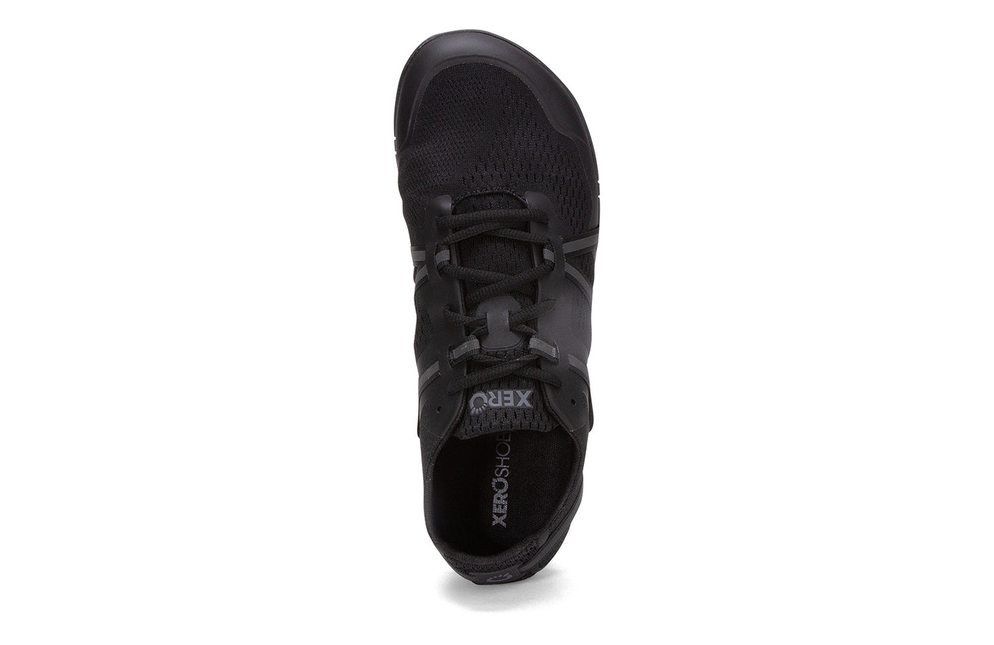 Xero Barefoot Shoes sold in Ontario, Canada. These minimalist shoes have flexible soles, wide toe boxes, and zero drop. Top view of Xero Women's Speed Force II in Black. Running and speed training shoe.