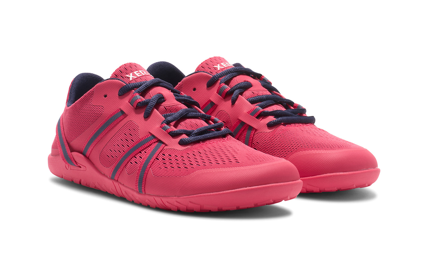Xero Barefoot Shoes sold in Ontario, Canada. These minimalist shoes have flexible soles, wide toe boxes, and zero drop. Angled pair view of Xero Women's Speed Force II in Raspberry/Evening Blue. Running and speed training shoe.