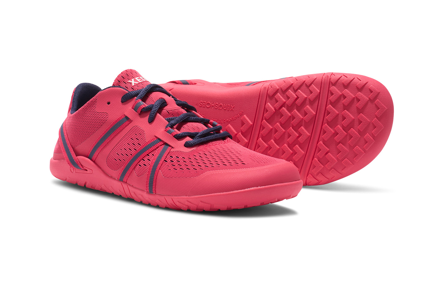 Xero Barefoot Shoes sold in Ontario, Canada. These minimalist shoes have flexible soles, wide toe boxes, and zero drop. Side and sole pair view of Xero Women's Speed Force II in Raspberry/Evening Blue. Running and speed training shoe.