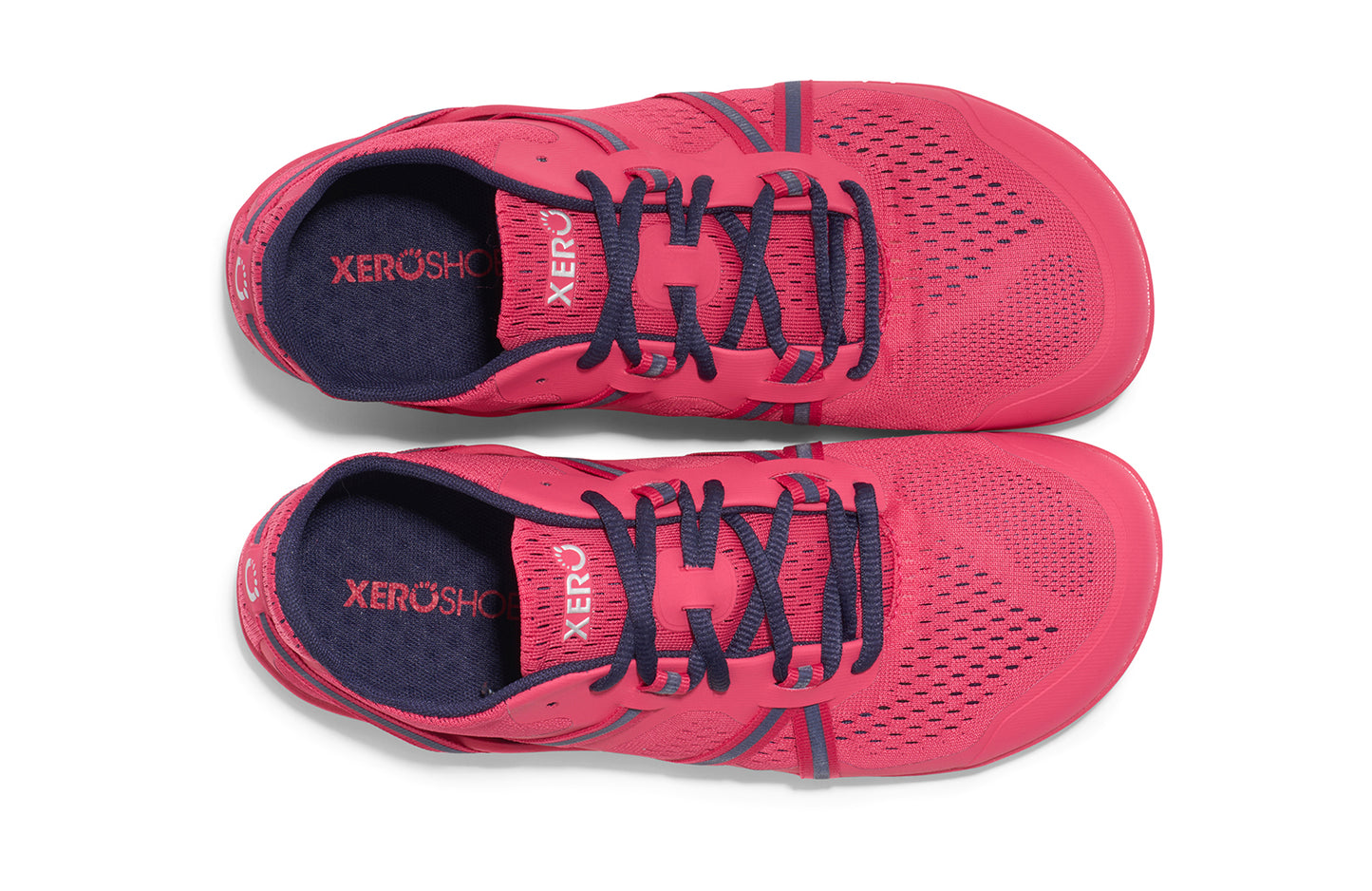 Xero Barefoot Shoes sold in Ontario, Canada. These minimalist shoes have flexible soles, wide toe boxes, and zero drop. Top view of Xero Women's Speed Force II in Raspberry/Evening Blue. Running and speed training shoe.