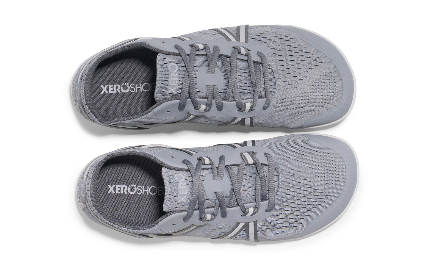 Xero Barefoot Shoes sold in Ontario, Canada. These minimalist shoes have flexible soles, wide toe boxes, and zero drop. Top view of Xero Women's Speed Force II in Alloy Silver. Running and speed training shoe.