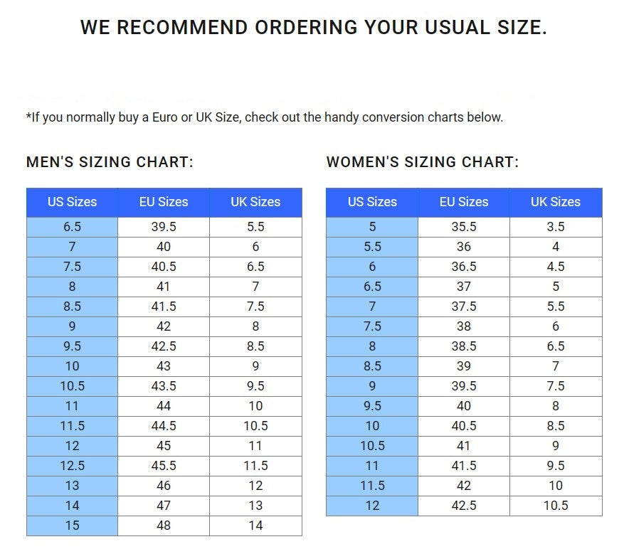 Sizing chart for Xero Barefoot shoes Canada