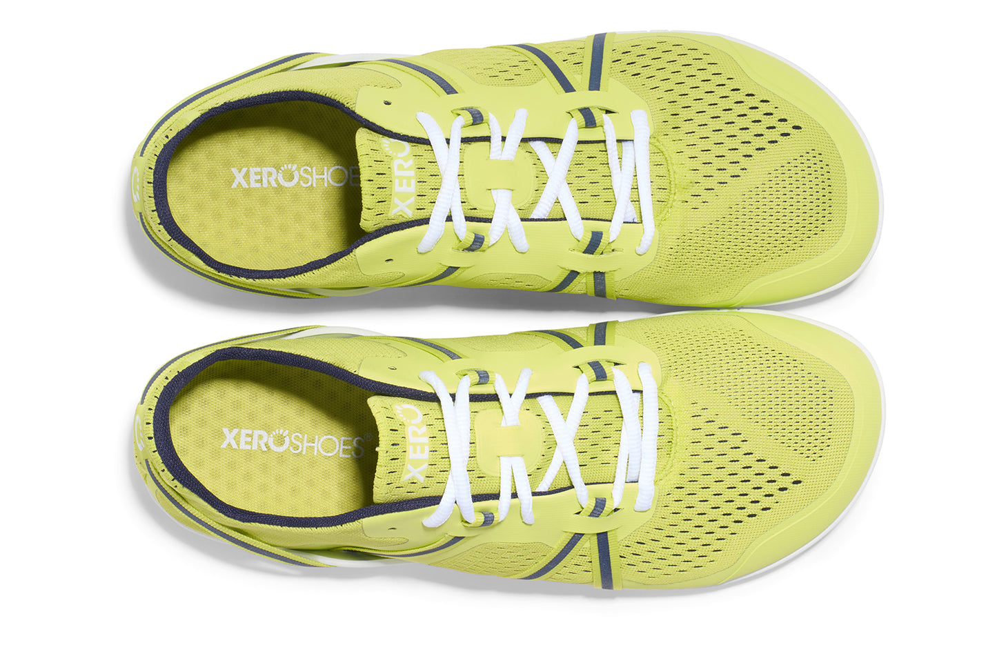 Xero Shoes Canada, specifically barefoot running shoes Canada. These minimalist shoes have flexible soles, wide toe boxes, and zero drop. Top view of Xero Men's Speed Force II in Sunny Lime/Evening Blue. Running and speed training shoe.