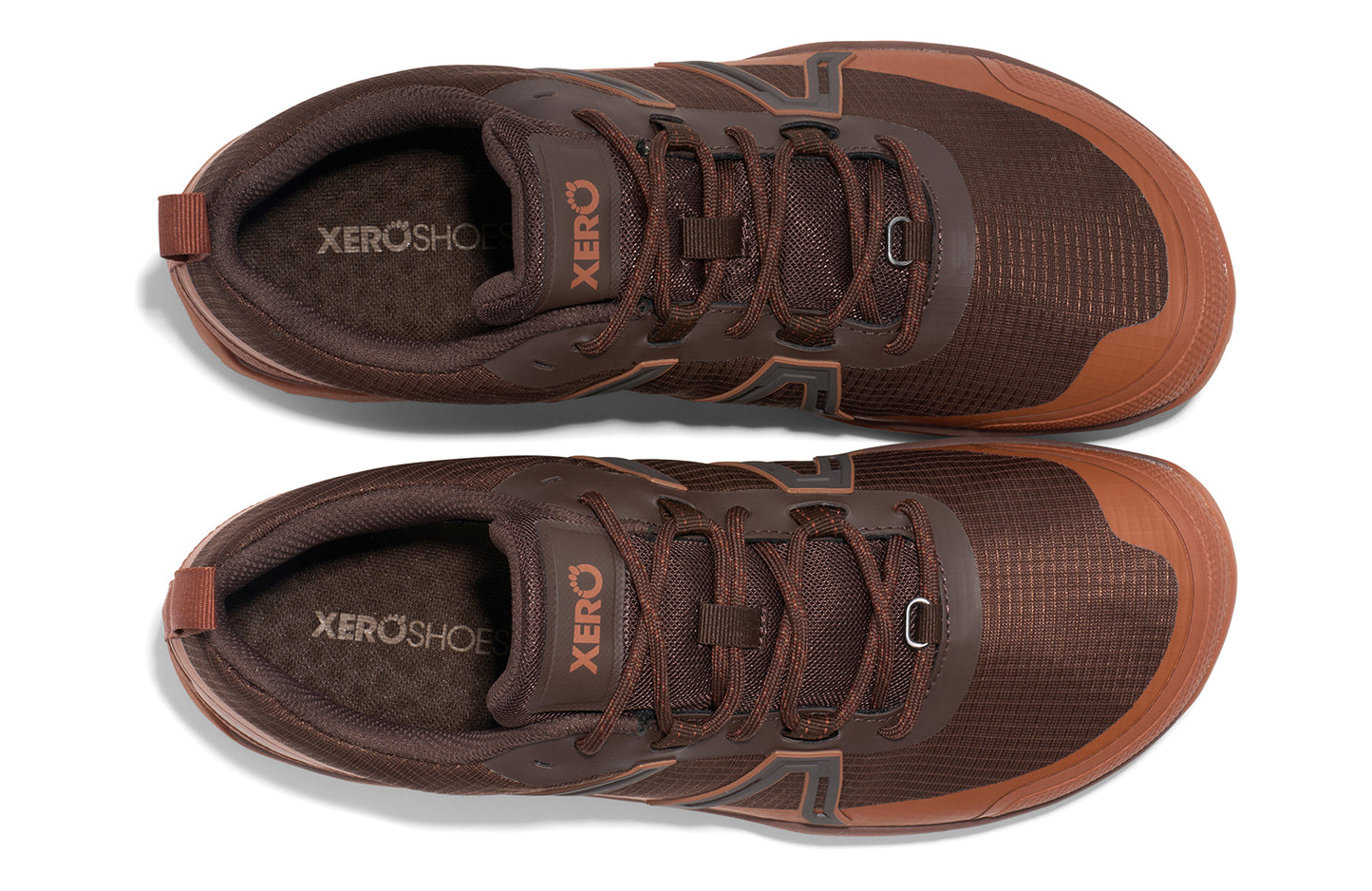 Xero Barefoot Shoes sold in Ontario, Canada. These minimalist shoes have flexible soles, wide toe boxes, and zero drop. Top view of Xero Men's Scrambler Trail Low WP in Java Brown/Mocha Bisque, a sturdy hiking shoe