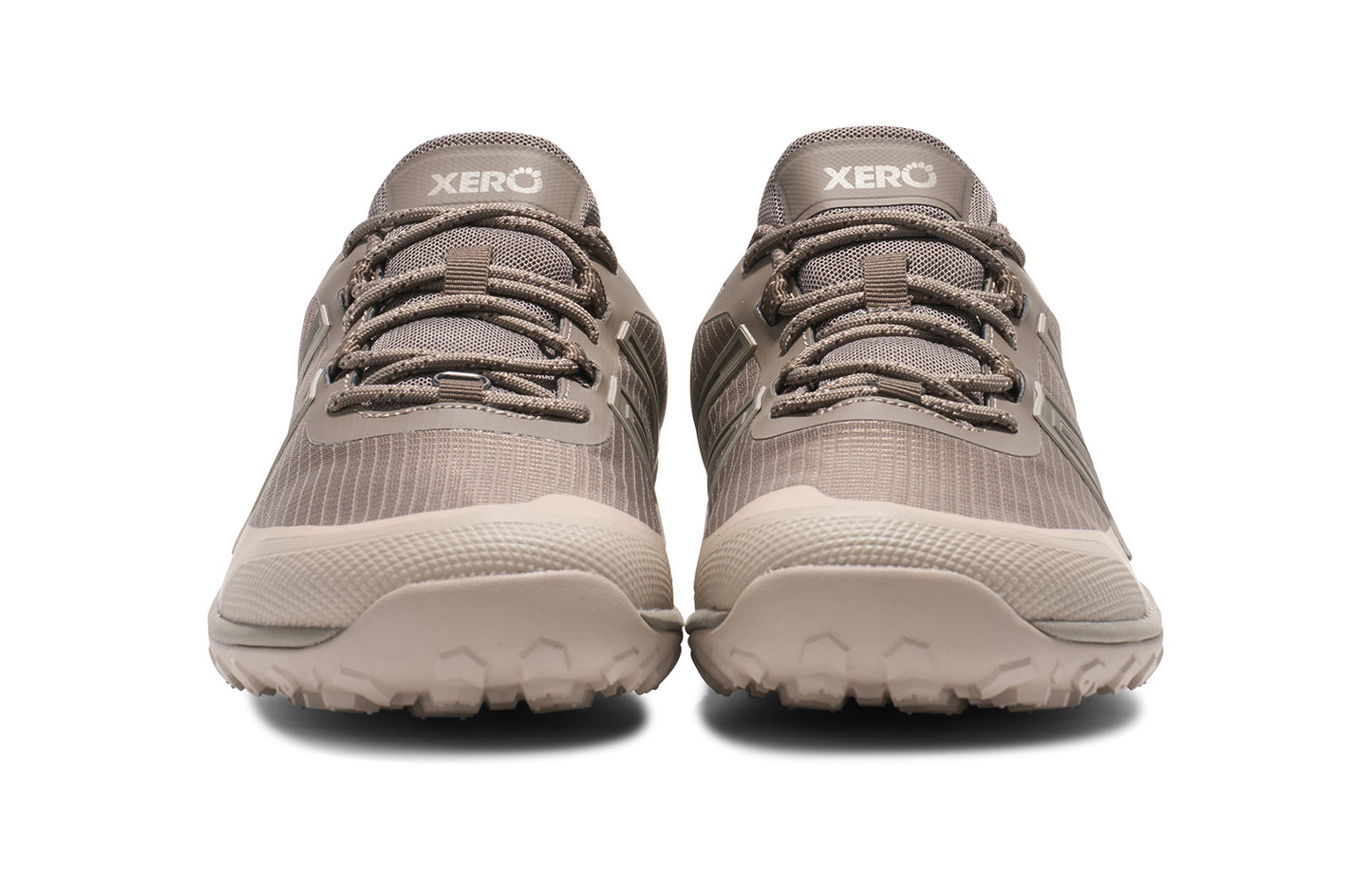 Xero Barefoot Shoes sold in Ontario, Canada. These minimalist shoes have flexible soles, wide toe boxes, and zero drop. Front view of Xero Men's Scrambler Trail Low WP in Morel/Pure Cashmere, a sturdy hiking shoe