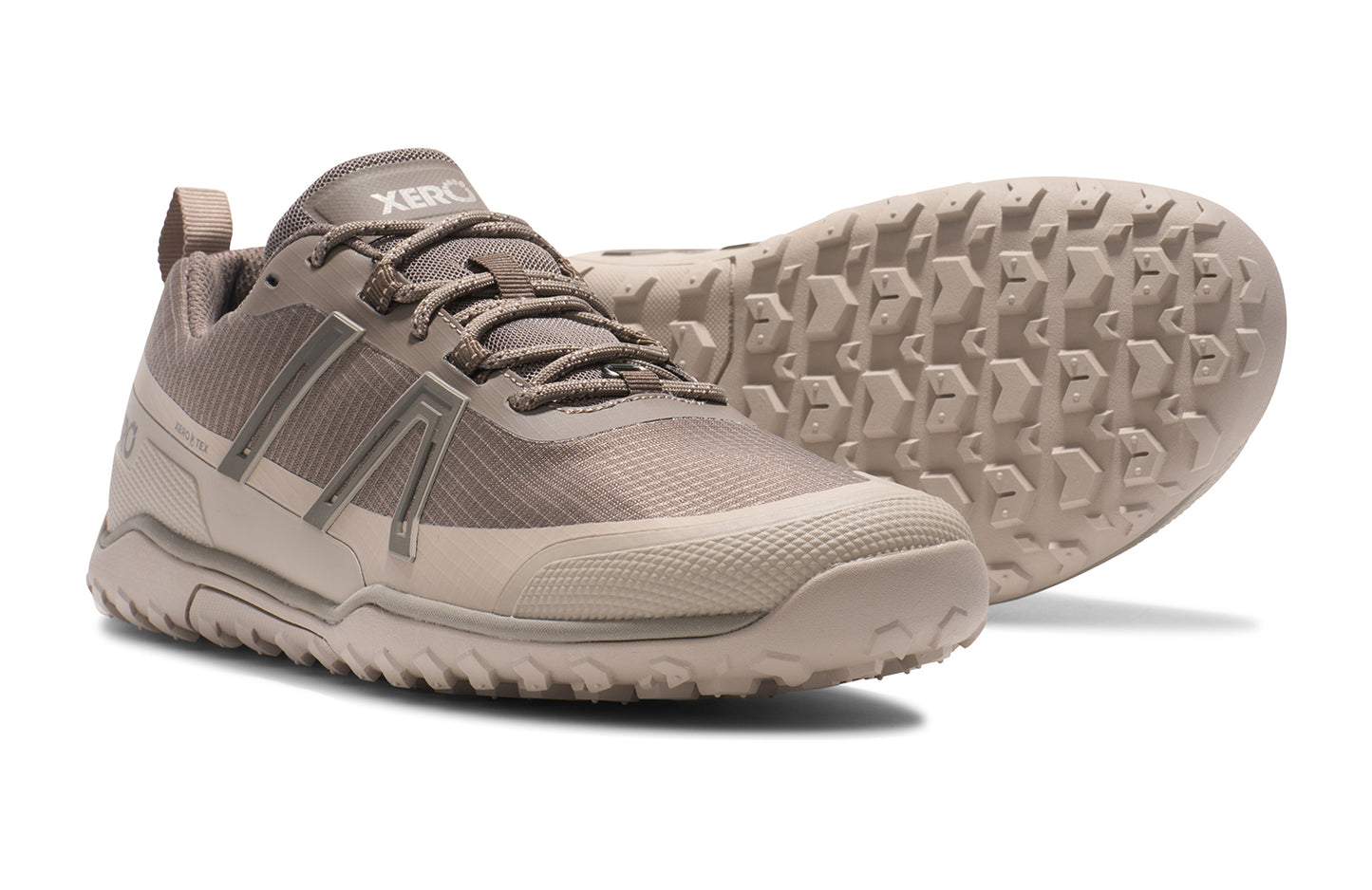 Xero Barefoot Shoes sold in Ontario, Canada. These minimalist shoes have flexible soles, wide toe boxes, and zero drop. Pair view of Xero Men's Scrambler Trail Low WP in Morel/Pure Cashmere, a sturdy hiking shoe