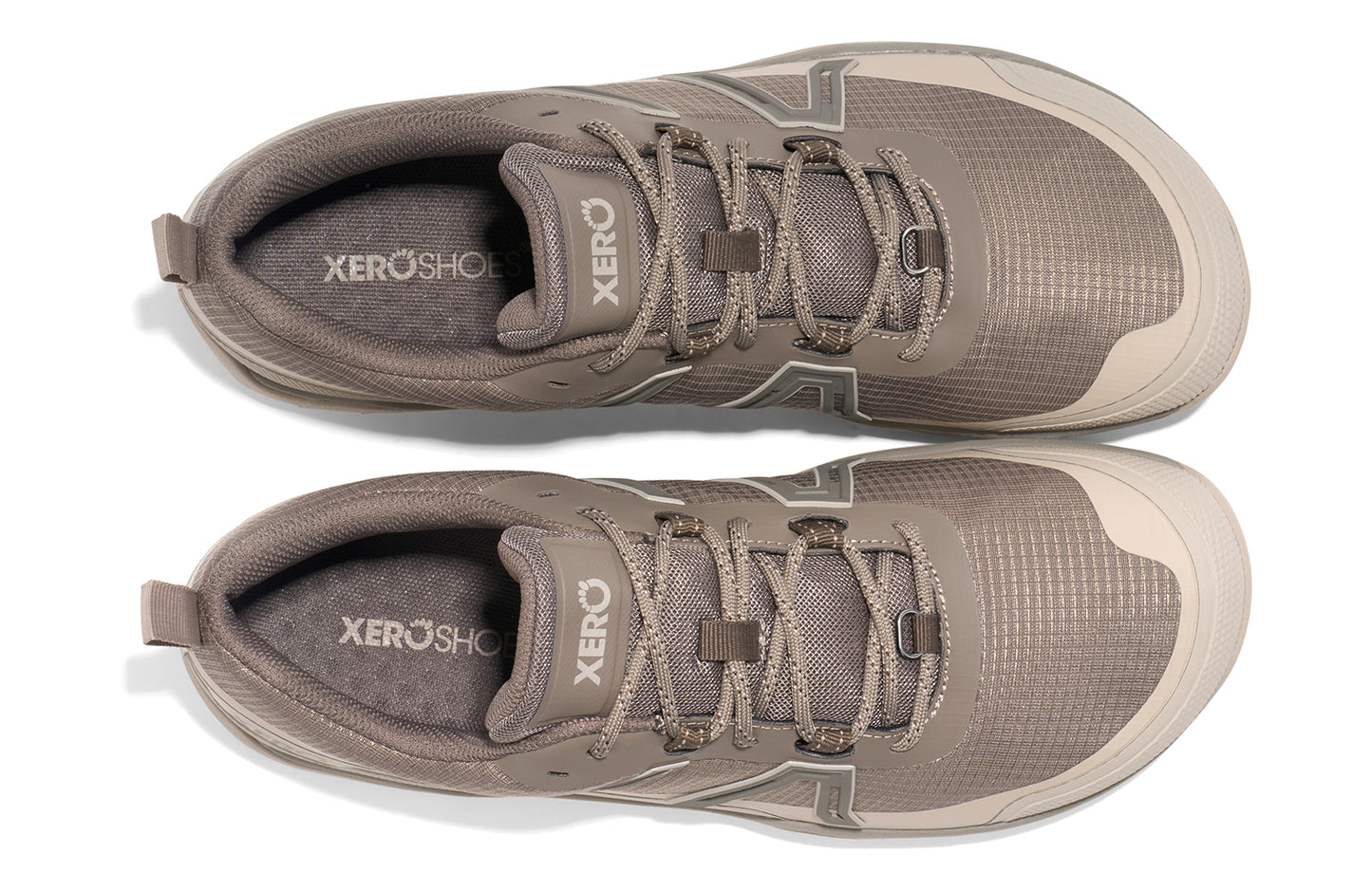Xero Barefoot Shoes sold in Ontario, Canada. These minimalist shoes have flexible soles, wide toe boxes, and zero drop. Top view of Xero Men's Scrambler Trail Low WP in Morel/Pure Cashmere, a sturdy hiking shoe