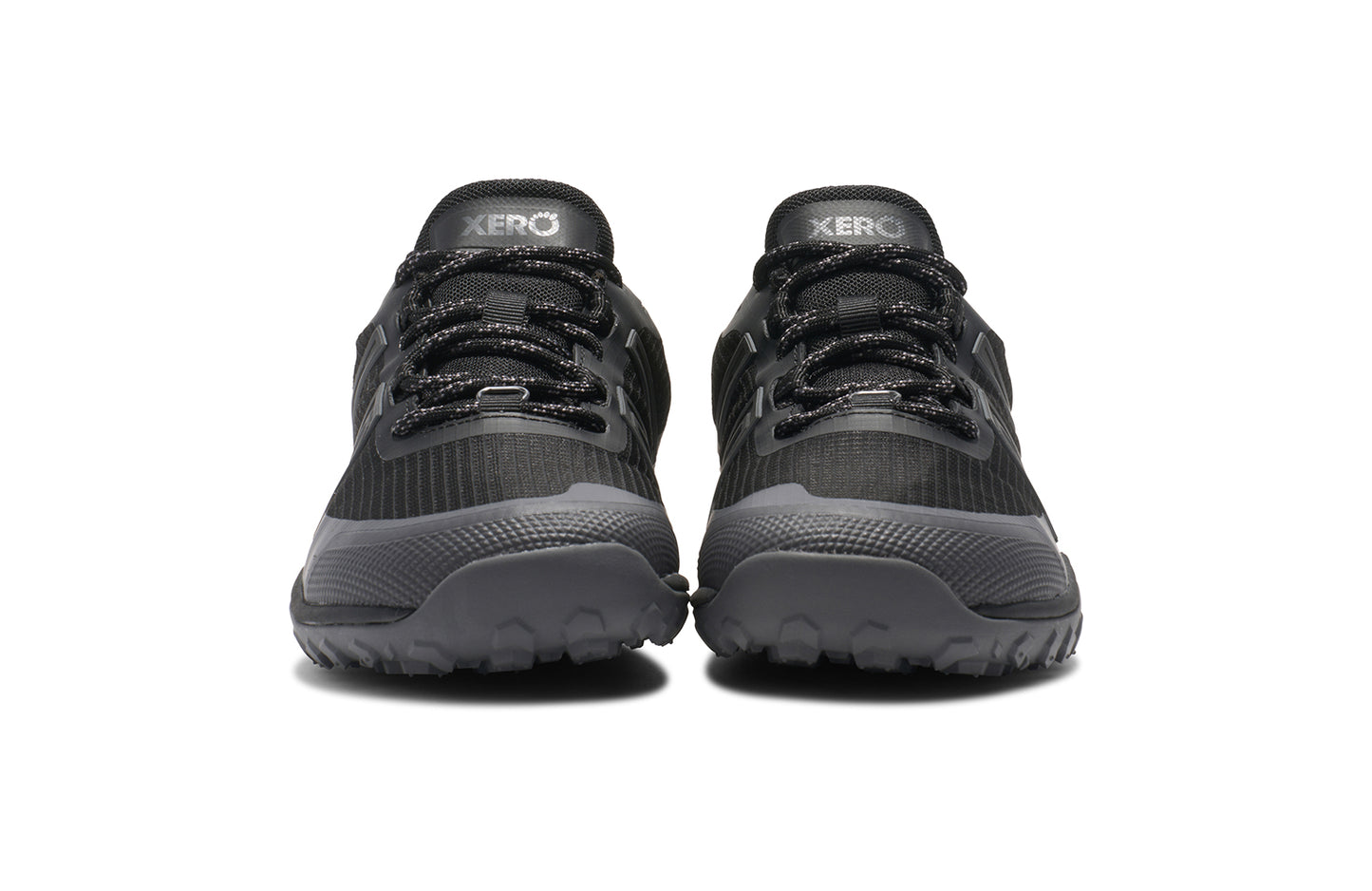 Xero Barefoot Shoes sold in Ontario, Canada. These minimalist shoes have flexible soles, wide toe boxes, and zero drop. Front view of Xero Women's Scrambler Trail Low WP in Black/Asphalt - a sturdy hiking shoe