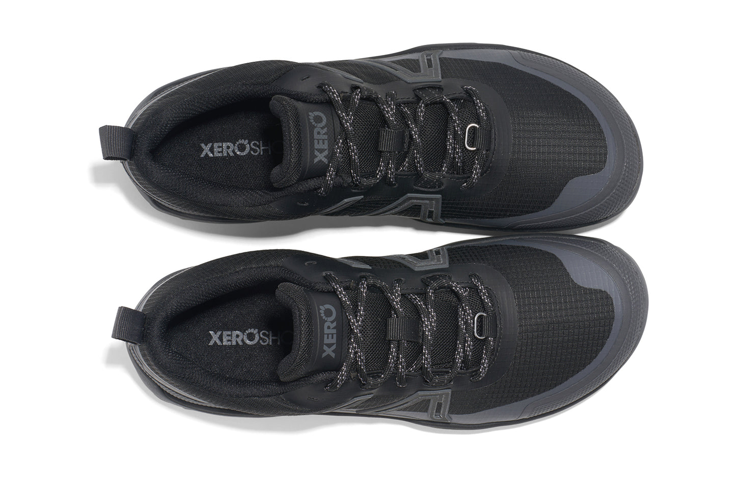 Xero Barefoot Shoes sold in Ontario, Canada. These minimalist shoes have flexible soles, wide toe boxes, and zero drop. Top view of Xero Women's Scrambler Trail Low WP in Black/Asphalt - a sturdy hiking shoe