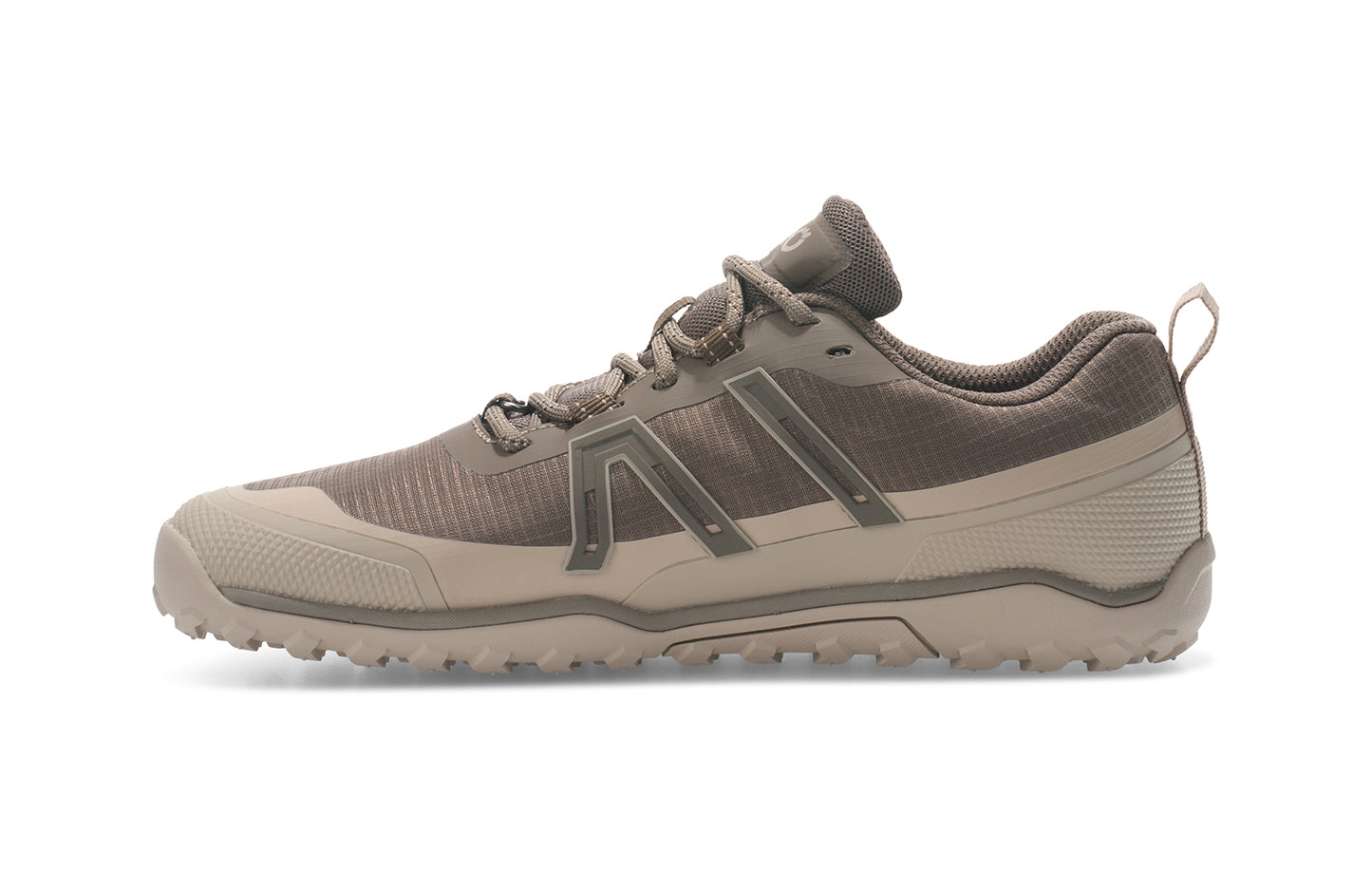 Xero Barefoot Shoes sold in Ontario, Canada. These minimalist shoes have flexible soles, wide toe boxes, and zero drop. Side view of Xero Women's Scrambler Trail Low WP in Morel/Pure Cashmere- a sturdy hiking shoe