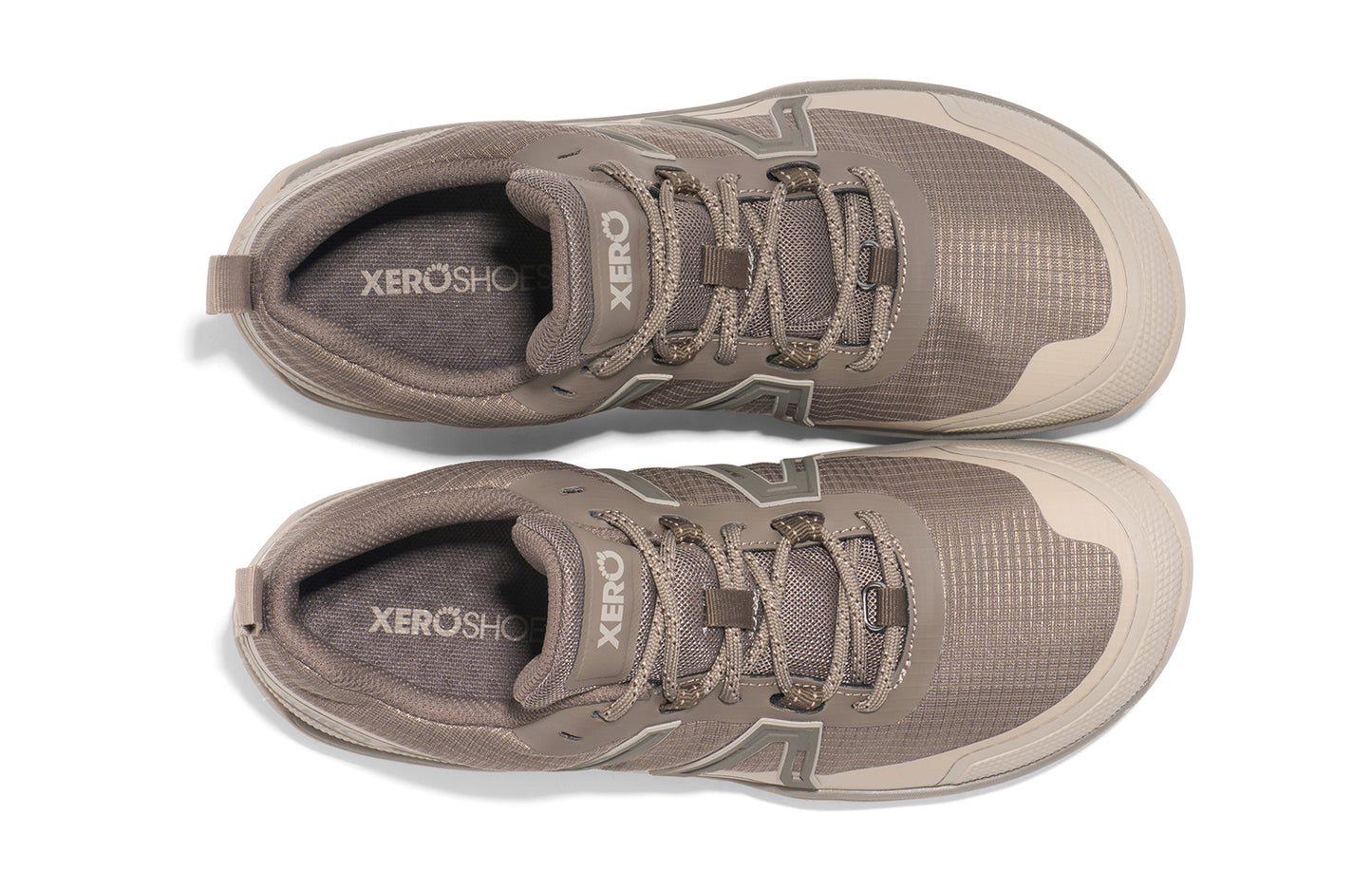 Xero Barefoot Shoes sold in Ontario, Canada. These minimalist shoes have flexible soles, wide toe boxes, and zero drop. Top view of Xero Women's Scrambler Trail Low WP in Morel/Pure Cashmere- a sturdy hiking shoe
