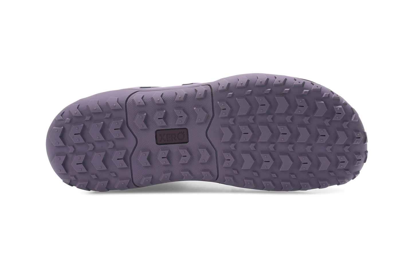Xero Barefoot Shoes sold in Ontario, Canada. These minimalist shoes have flexible soles, wide toe boxes, and zero drop. View of the rugged lugged sole of Xero Women's Scrambler Trail Low WP in Morel/Pure Cashmere- a sturdy hiking shoe