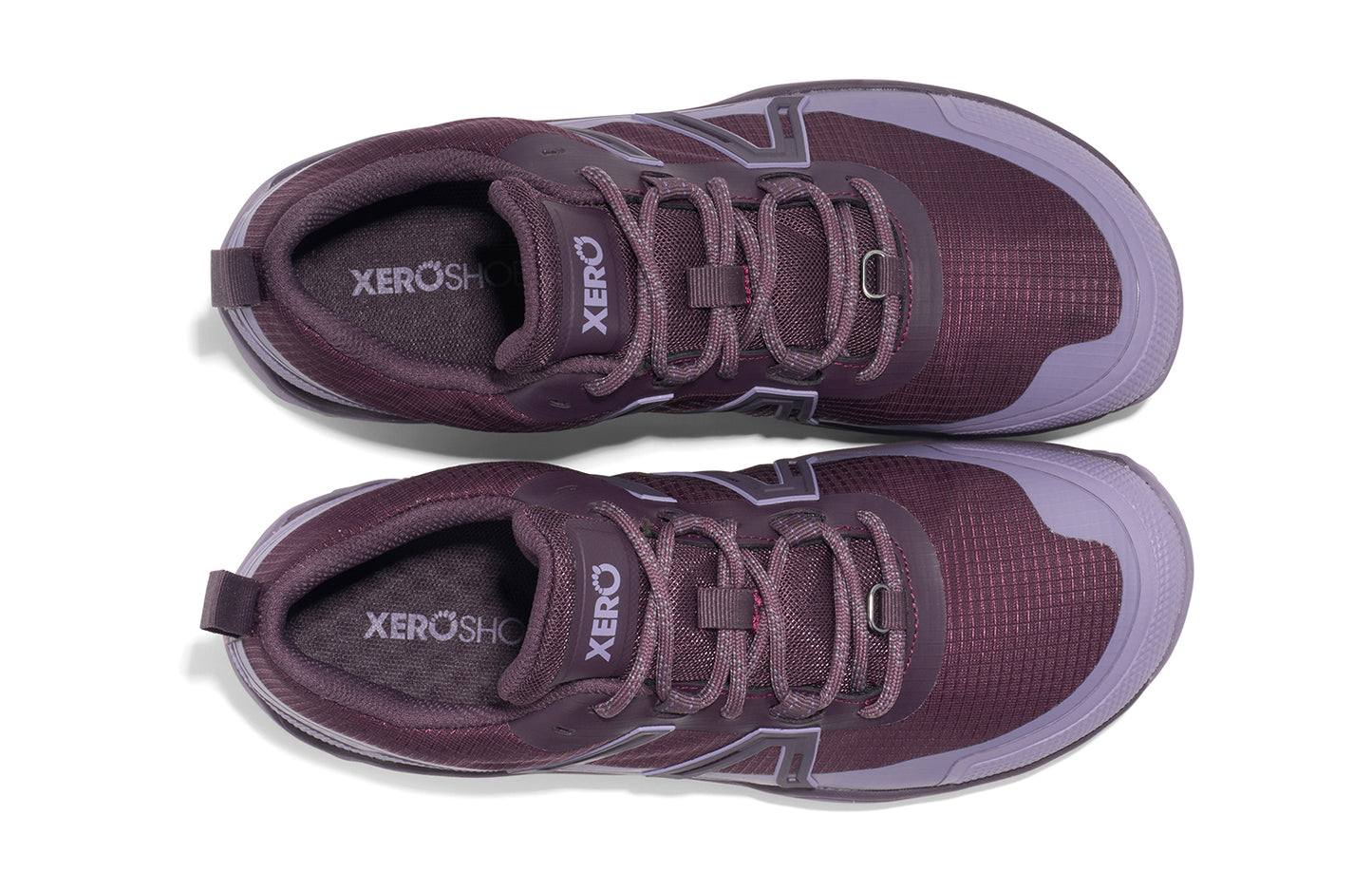 Xero Barefoot Shoes sold in Ontario, Canada. These minimalist shoes have flexible soles, wide toe boxes, and zero drop. Top view of Xero Women's Scrambler Trail Low WP in Plum Perfect/Sage Purple- a sturdy hiking shoe