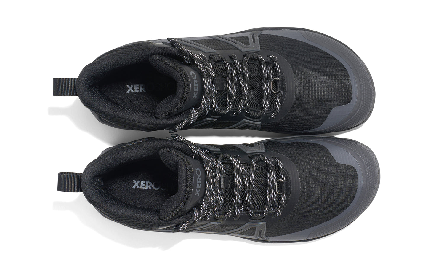 Xero Barefoot Shoes sold in Ontario, Canada. These minimalist shoes have flexible soles, wide toe boxes, and zero drop. Top view of Xero Women's Scrambler Trail Mid WP in Black/Asphalt - a sturdy hiking boot