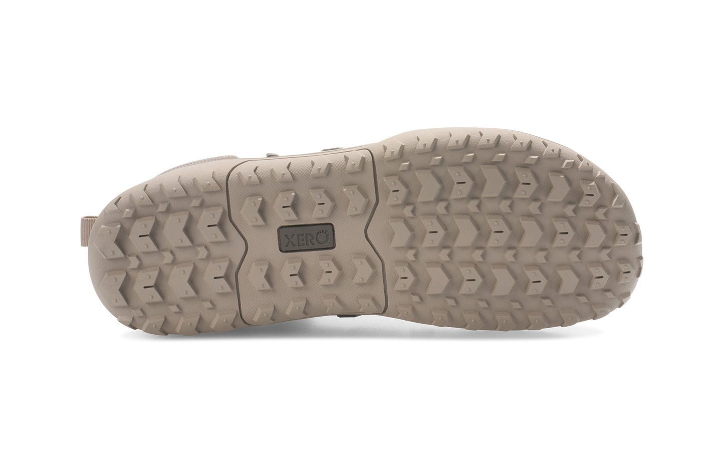 Xero Barefoot Shoes sold in Ontario, Canada. These minimalist shoes have flexible soles, wide toe boxes, and zero drop. Sole view of Xero Women's Scrambler Trail Mid WP in Morel/Pure Cashmere, a sturdy hiking boot