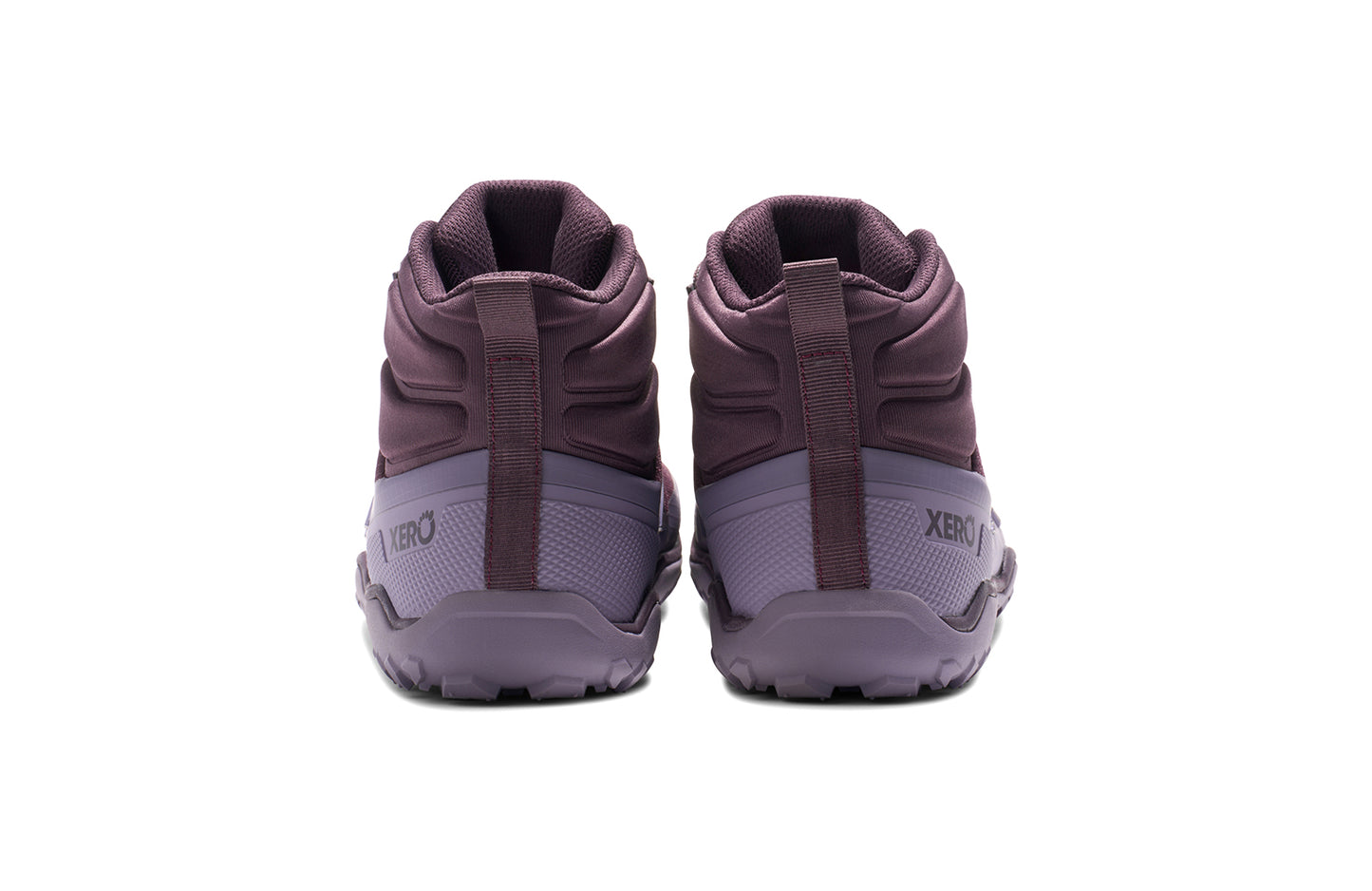 Xero Barefoot Shoes sold in Ontario, Canada. These minimalist shoes have flexible soles, wide toe boxes, and zero drop. Back view of Xero Women's Scrambler Trail Mid WP in Plum Perfect/Sage Purple, a sturdy hiking boot