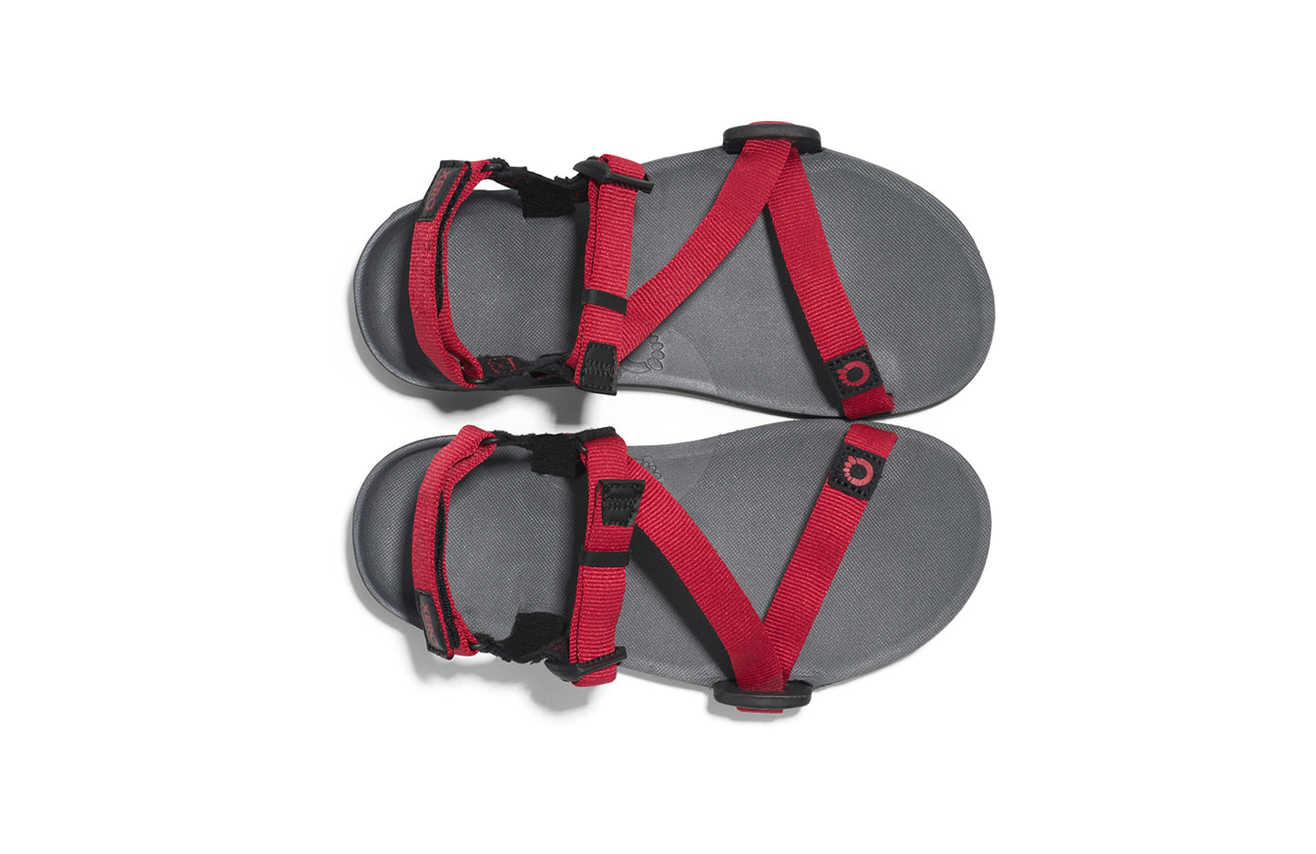 Xero Kid's Barefoot Shoes sold in Ontario, Canada. These minimalist shoes have flexible soles, wide toe boxes, and zero drop. Top view of Xero Kid's Z-Trail in Charcoal/Red Pepper, a lightweight packable sport sandal.