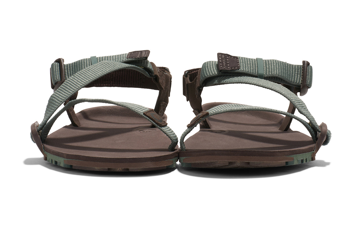 Xero Barefoot Shoes sold in Ontario, Canada. These minimalist shoes have flexible soles, wide toe boxes, and zero drop. Front view of Xero Men's Z-Trail EV in Dark Forest/Java Brown. Trail hiking, running, and recovery sandal.