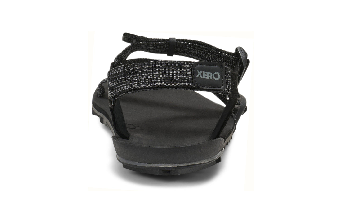 Xero Barefoot Shoes sold in Ontario, Canada. These minimalist shoes have flexible soles, wide toe boxes, and zero drop. Back view of Xero Men's Z-Trail EV in Multi-Black. Trail hiking, running, and recovery sandal.