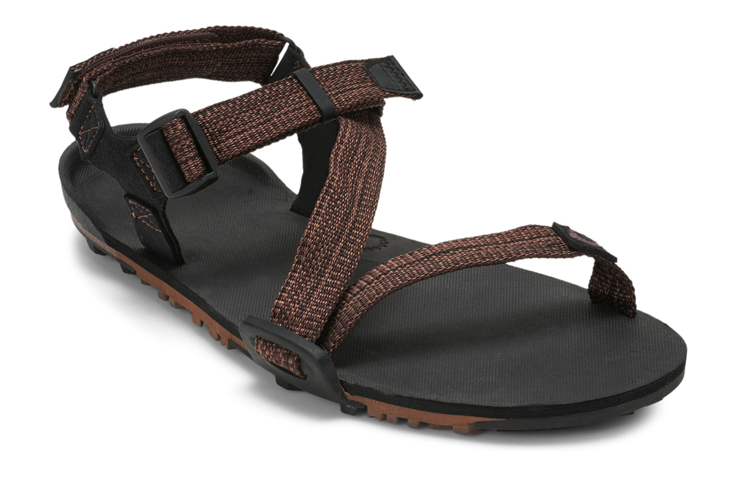 Xero Barefoot Shoes sold in Ontario, Canada. These minimalist shoes have flexible soles, wide toe boxes, and zero drop. Angled view of Xero Men's Z-Trail EV in Multi-Brown. Trail hiking, running, and recovery sandal.
