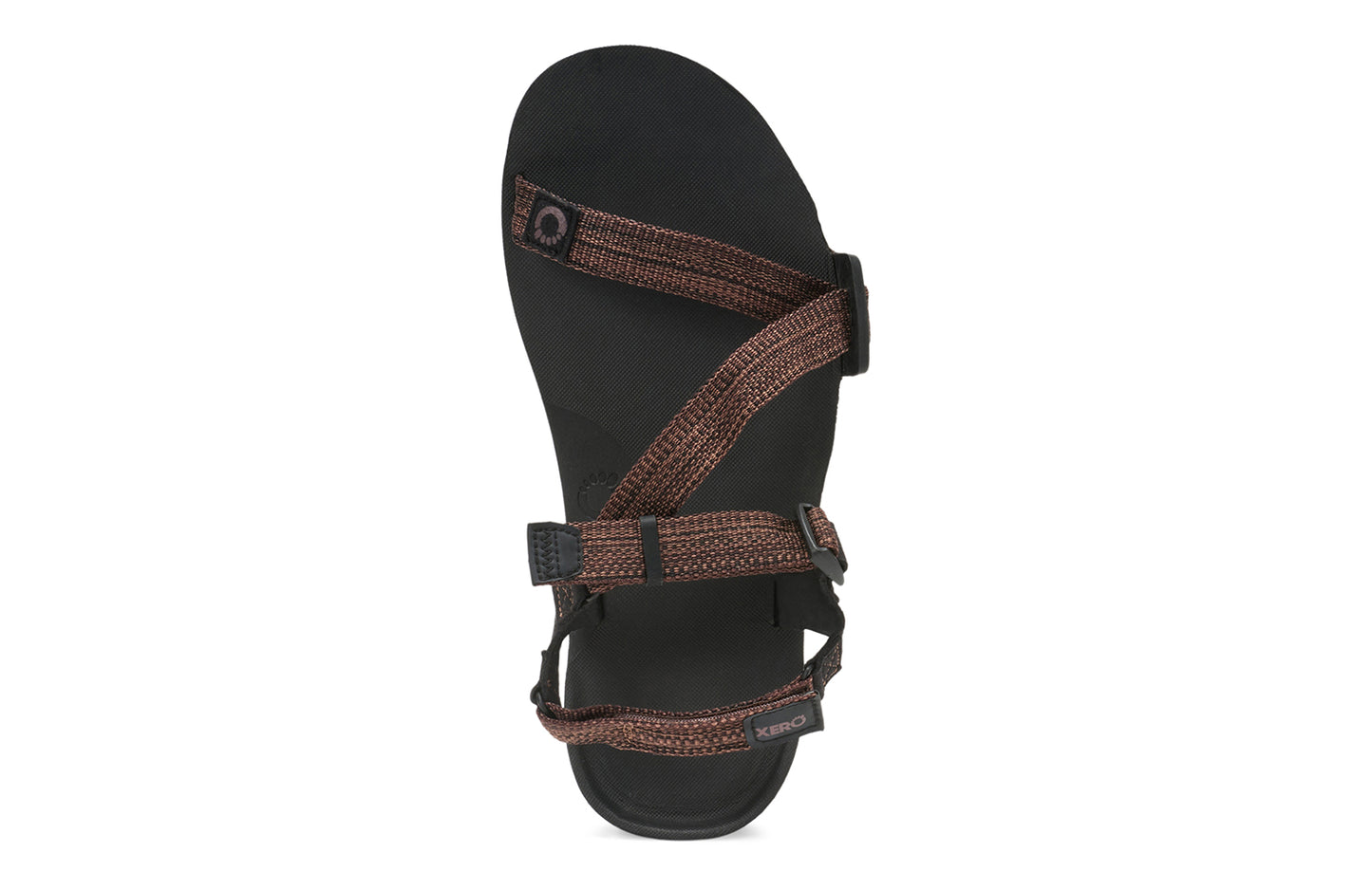 Xero Barefoot Shoes sold in Ontario, Canada. These minimalist shoes have flexible soles, wide toe boxes, and zero drop. Top view of Xero Men's Z-Trail EV in Multi-Brown. Trail hiking, running, and recovery sandal.