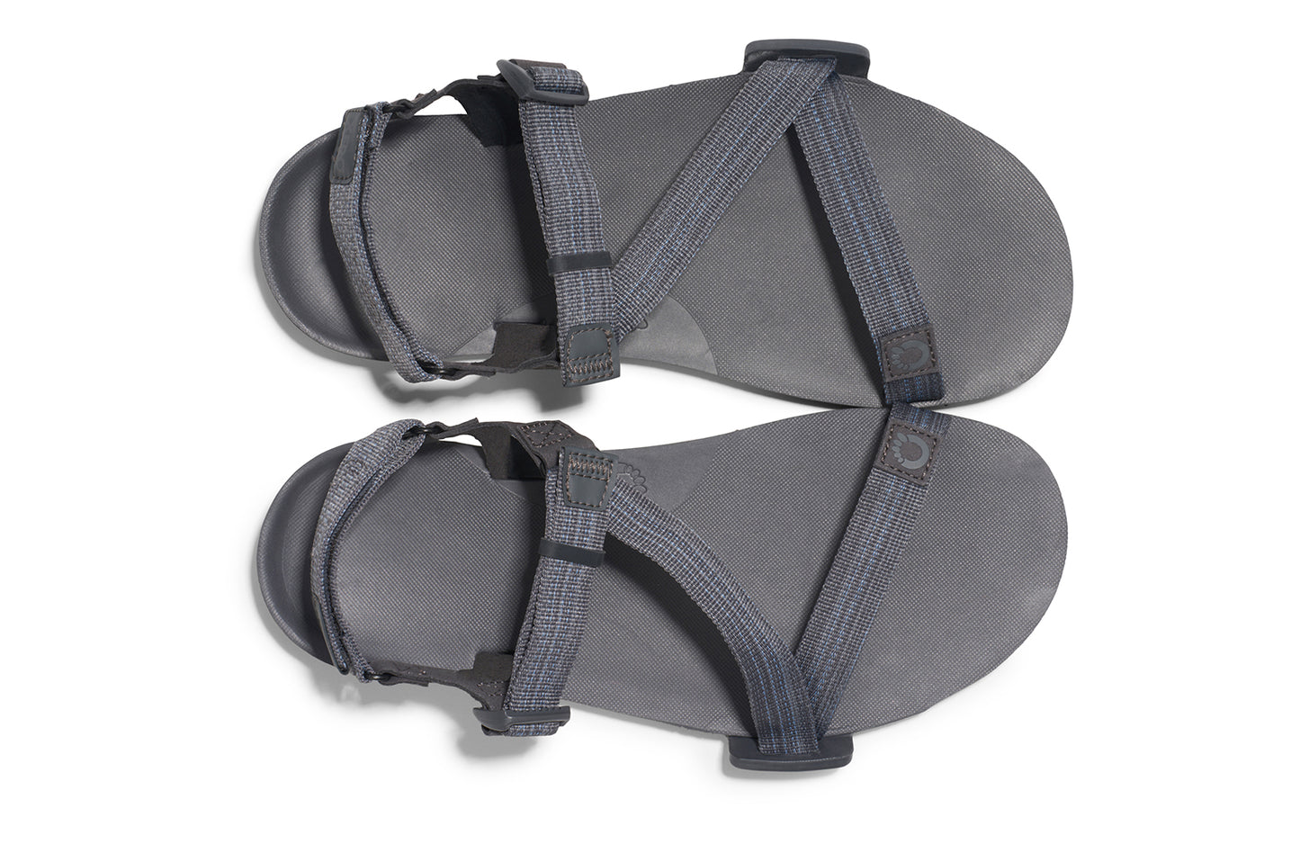 Xero Barefoot Shoes sold in Ontario, Canada. These minimalist shoes have flexible soles, wide toe boxes, and zero drop. Top view of Xero Men's Z-Trail EV in Steel Gray/Asphalt. Trail hiking, running, and recovery sandal.