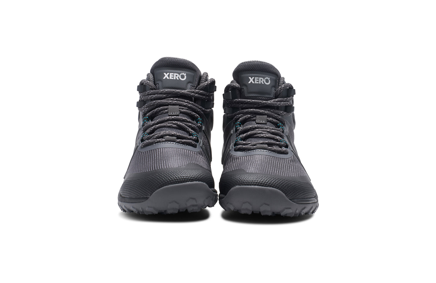 Xero Barefoot Shoes sold in Ontario, Canada. These minimalist shoes have flexible soles, wide toe boxes, and zero drop. Front view of Xero Women's Scambler Trail Mid in Asphalt/Black, a lightweight hiking boot
