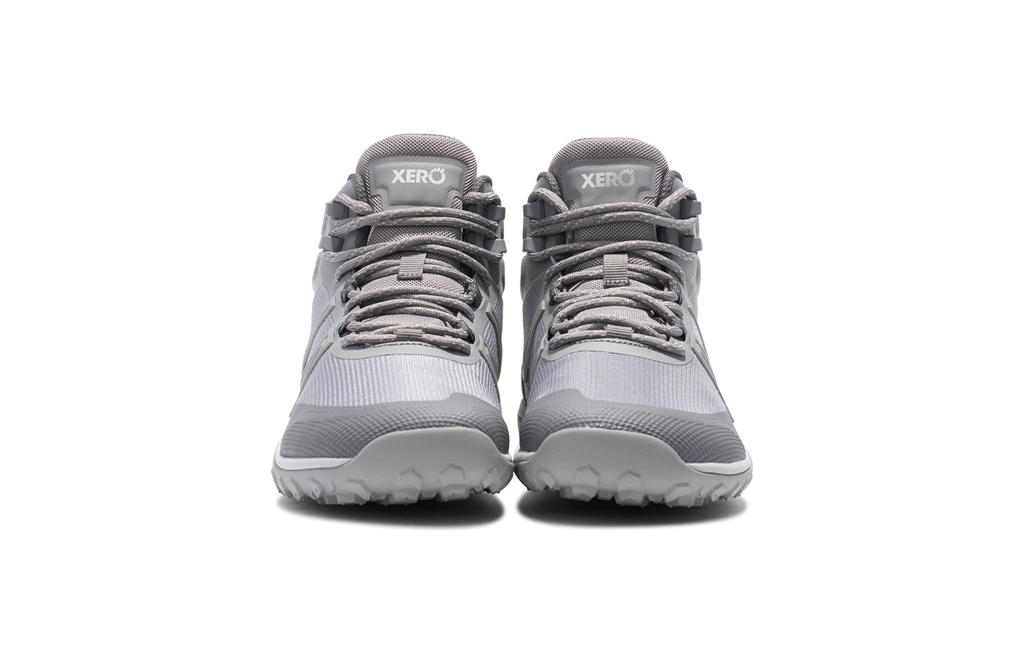 Xero Barefoot Shoes sold in Ontario, Canada. These minimalist shoes have flexible soles, wide toe boxes, and zero drop. Front view of Xero Women's Scambler Trail Mid in Alloy/Steel Gray a lightweight hiking boot