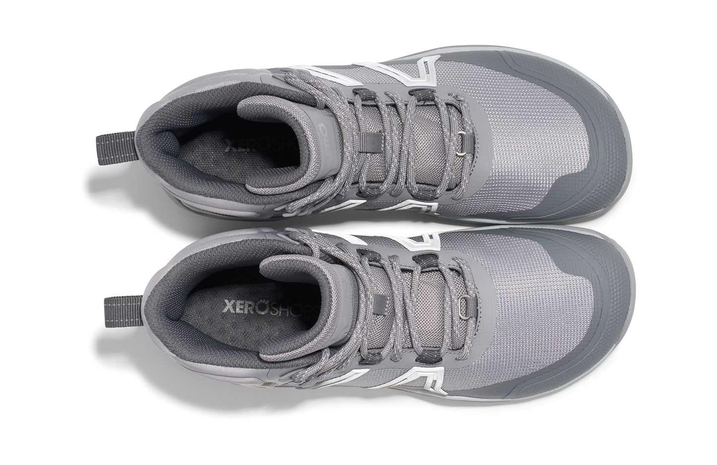 Xero Barefoot Shoes sold in Ontario, Canada. These minimalist shoes have flexible soles, wide toe boxes, and zero drop. Top view of Xero Women's Scambler Trail Mid in Alloy/Steel Gray a lightweight hiking boot