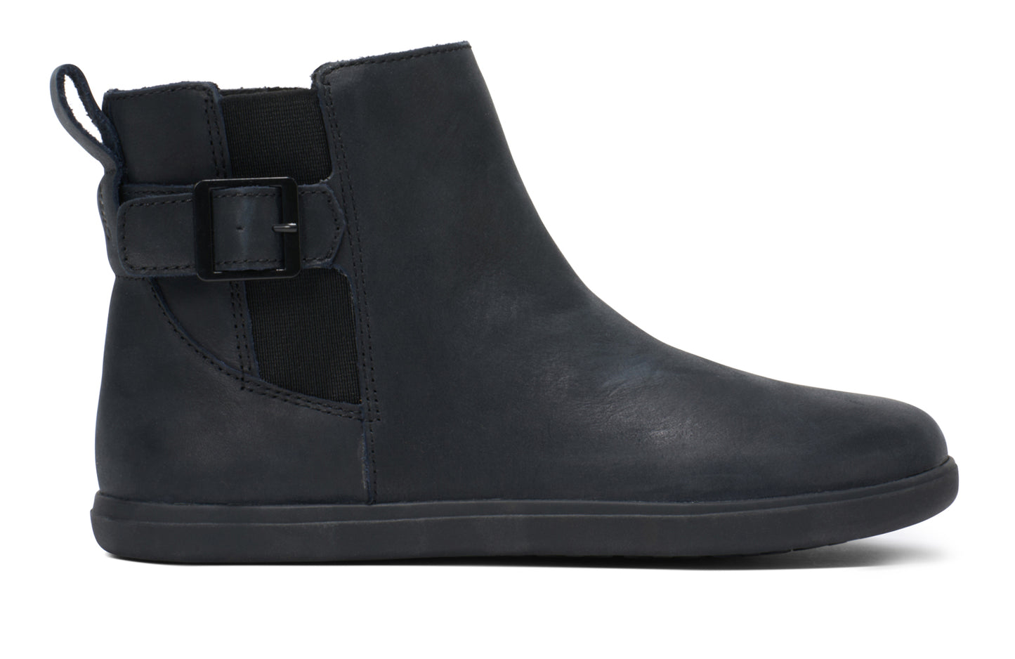 Xero Shoes Canada, specifically women’s barefoot shoes Canada. These minimalist shoes have flexible soles, wide toe boxes, and zero drop. Side view of Xero's Tari II in Black, a stylish leather boot