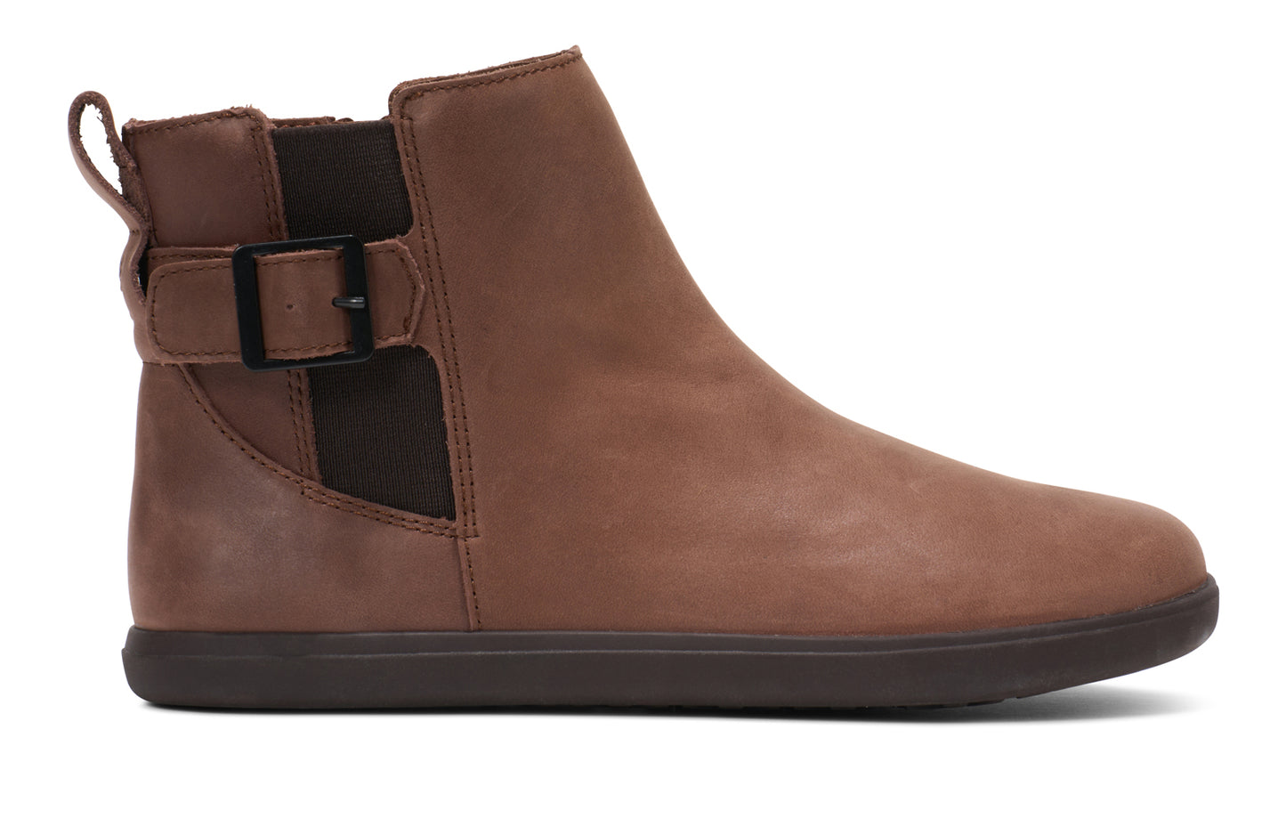 Xero Shoes Canada, specifically women’s barefoot shoes Canada. These minimalist shoes have flexible soles, wide toe boxes, and zero drop. Right side view of Xero's Tari II in Cappuccino, a stylish leather boot