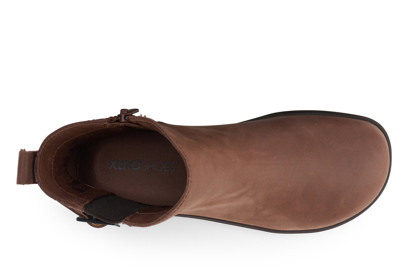 Xero Shoes Canada, specifically women’s barefoot shoes Canada. These minimalist shoes have flexible soles, wide toe boxes, and zero drop. Top view of Xero's Tari II in Cappuccino, a stylish leather boot