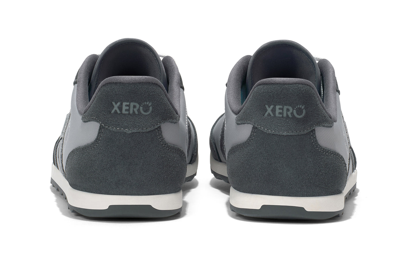 Xero Barefoot Shoes sold in Ontario, Canada. These minimalist shoes have flexible soles, wide toe boxes, and zero drop. Back view of Xero Men's Wynn in Alloy/Steel Gray, a casual sneaker