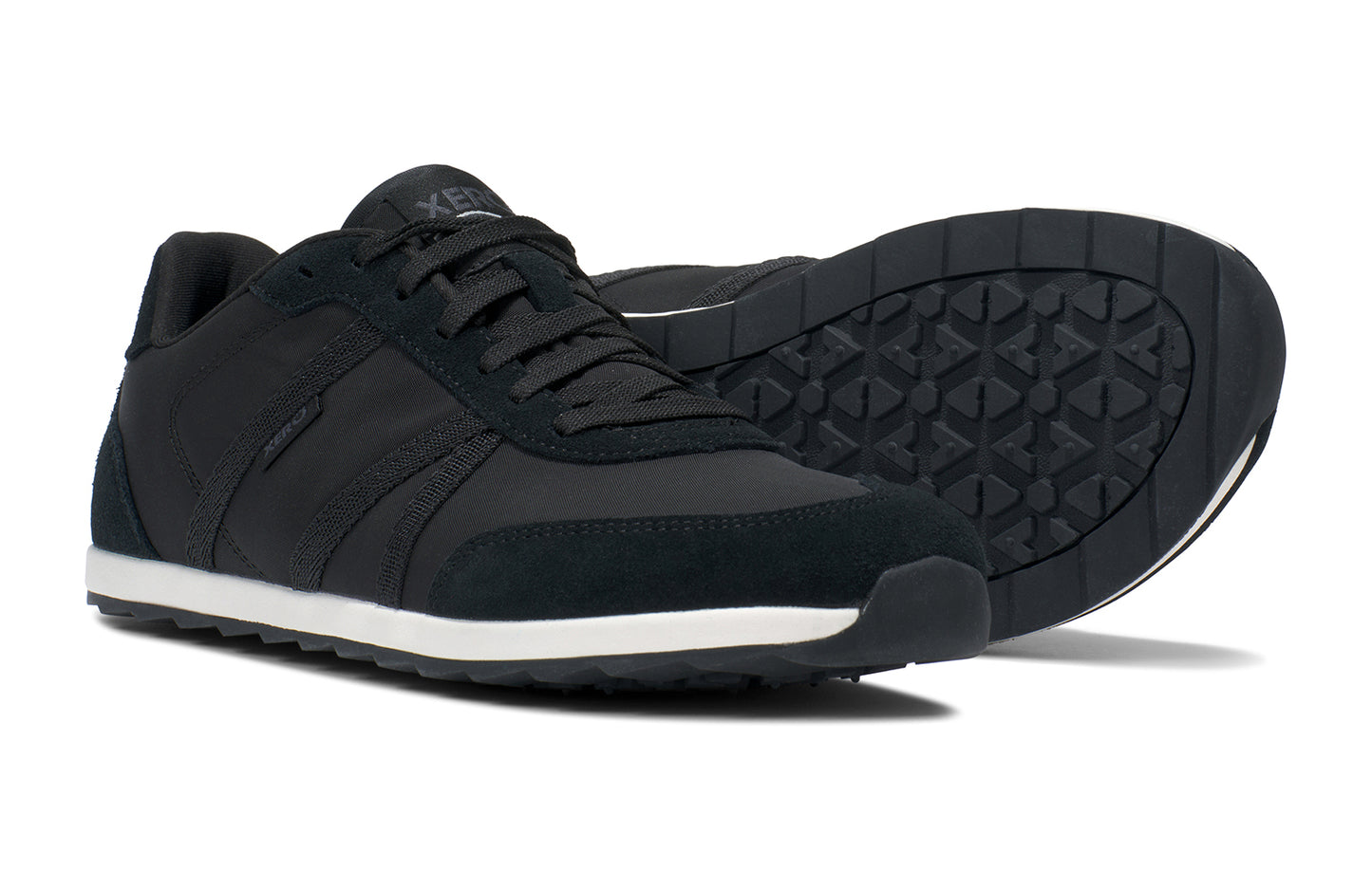 Xero Barefoot Shoes sold in Ontario, Canada. These minimalist shoes have flexible soles, wide toe boxes, and zero drop. Pair view of Xero Men's Wynn in Black/White, a casual sneaker
