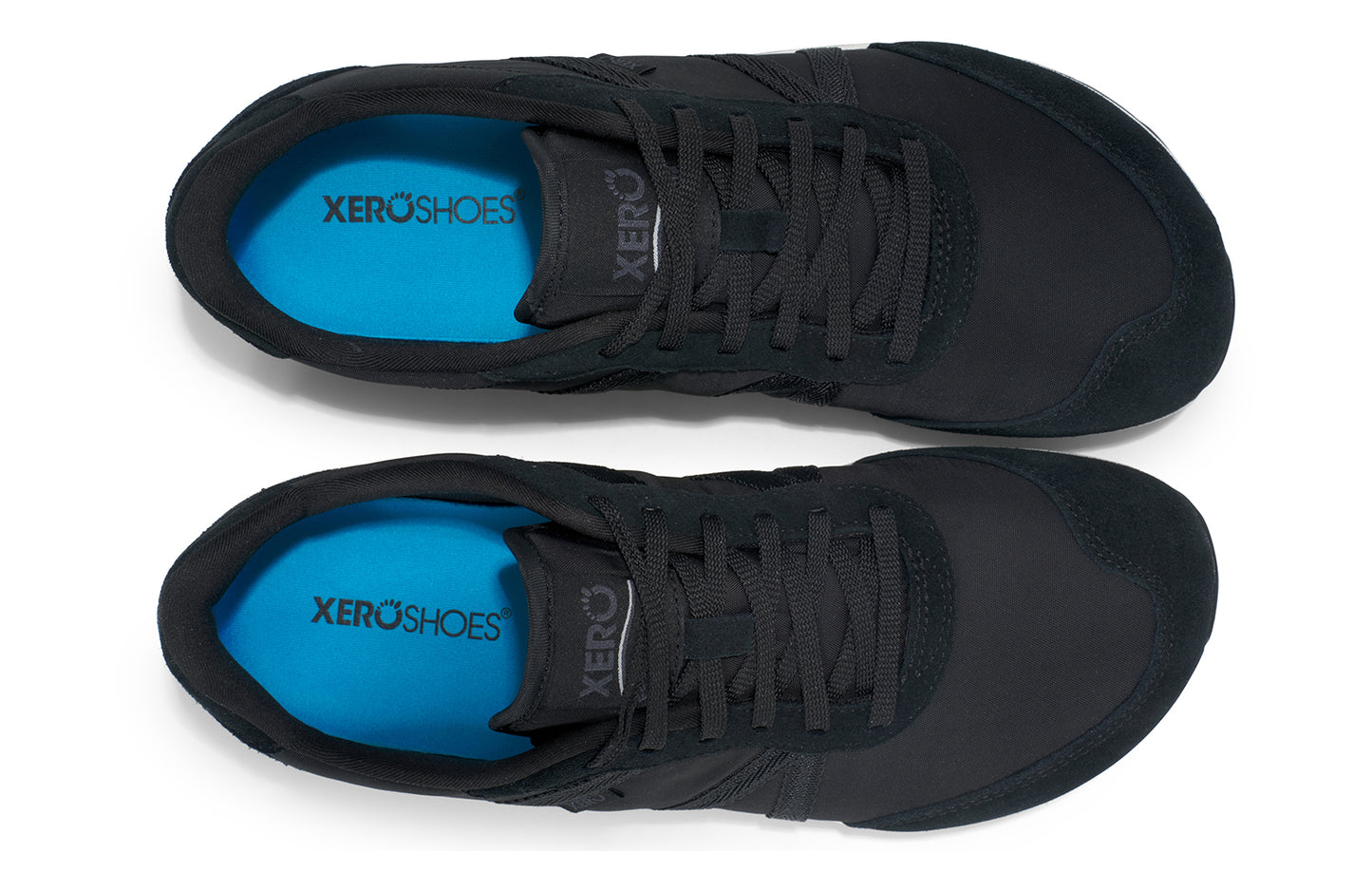 Xero Barefoot Shoes sold in Ontario, Canada. These minimalist shoes have flexible soles, wide toe boxes, and zero drop. Top view of Xero Men's Wynn in Black/White, a casual sneaker