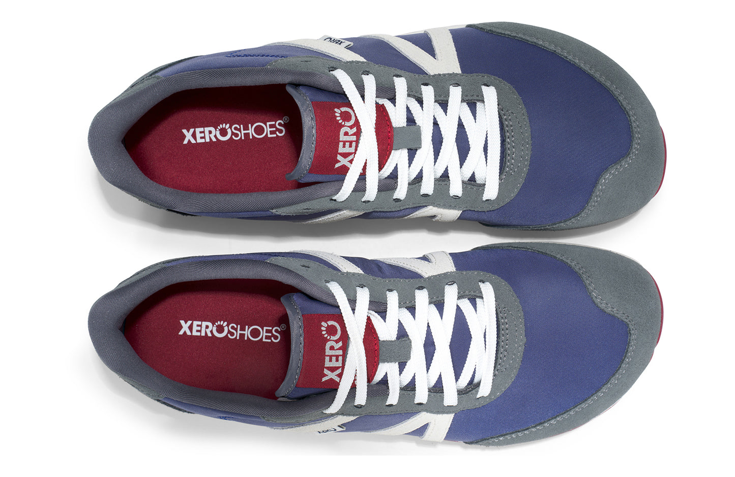 Xero Barefoot Shoes sold in Ontario, Canada. These minimalist shoes have flexible soles, wide toe boxes, and zero drop. Top view of Xero Men's Wynn in Blue Gray Red, a casual sneaker
