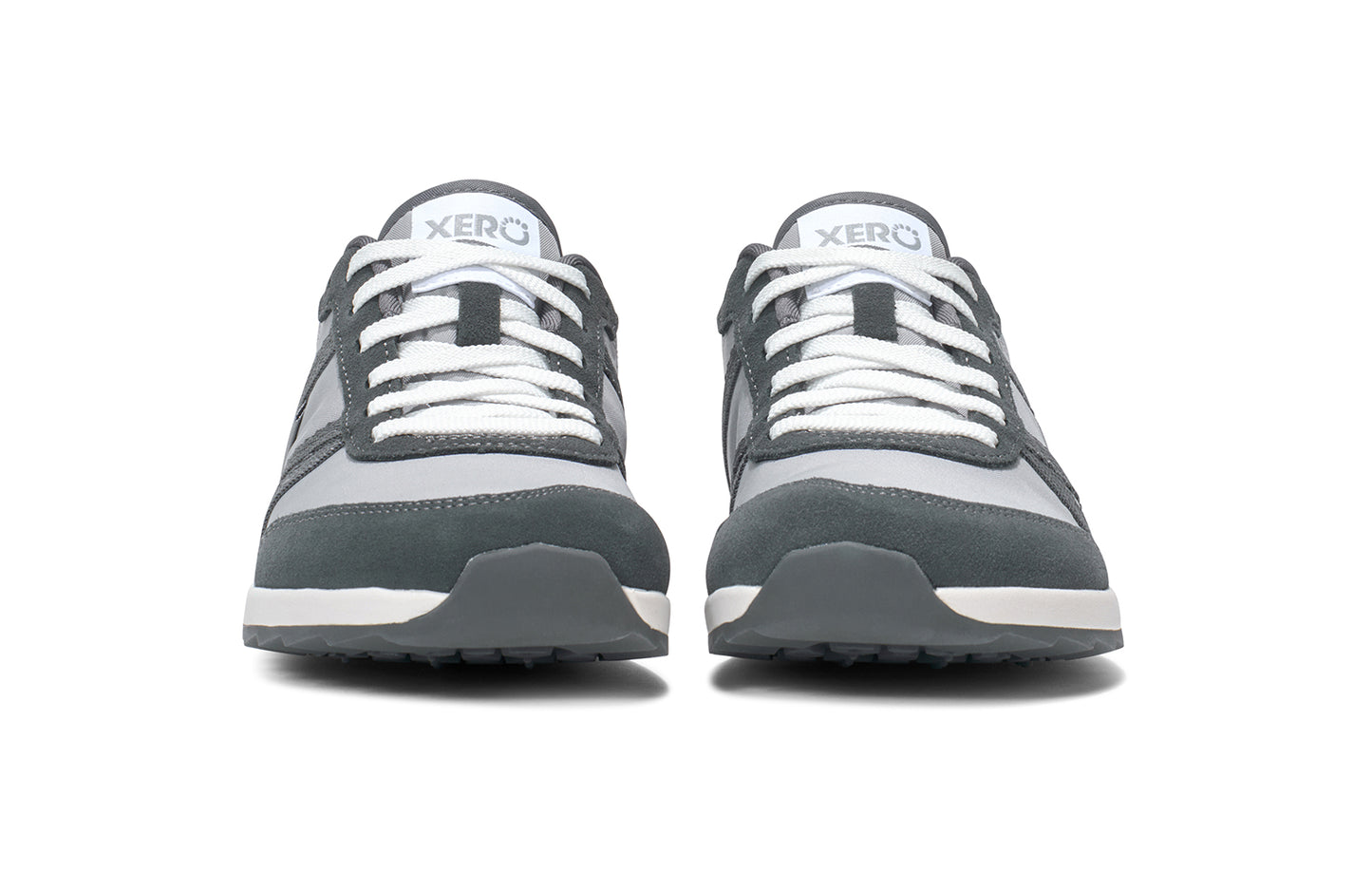 Xero Barefoot Shoes sold in Ontario, Canada. These minimalist shoes have flexible soles, wide toe boxes, and zero drop. Front view of Xero's Wynn in Alloy/Steel Gray, a casual sneaker