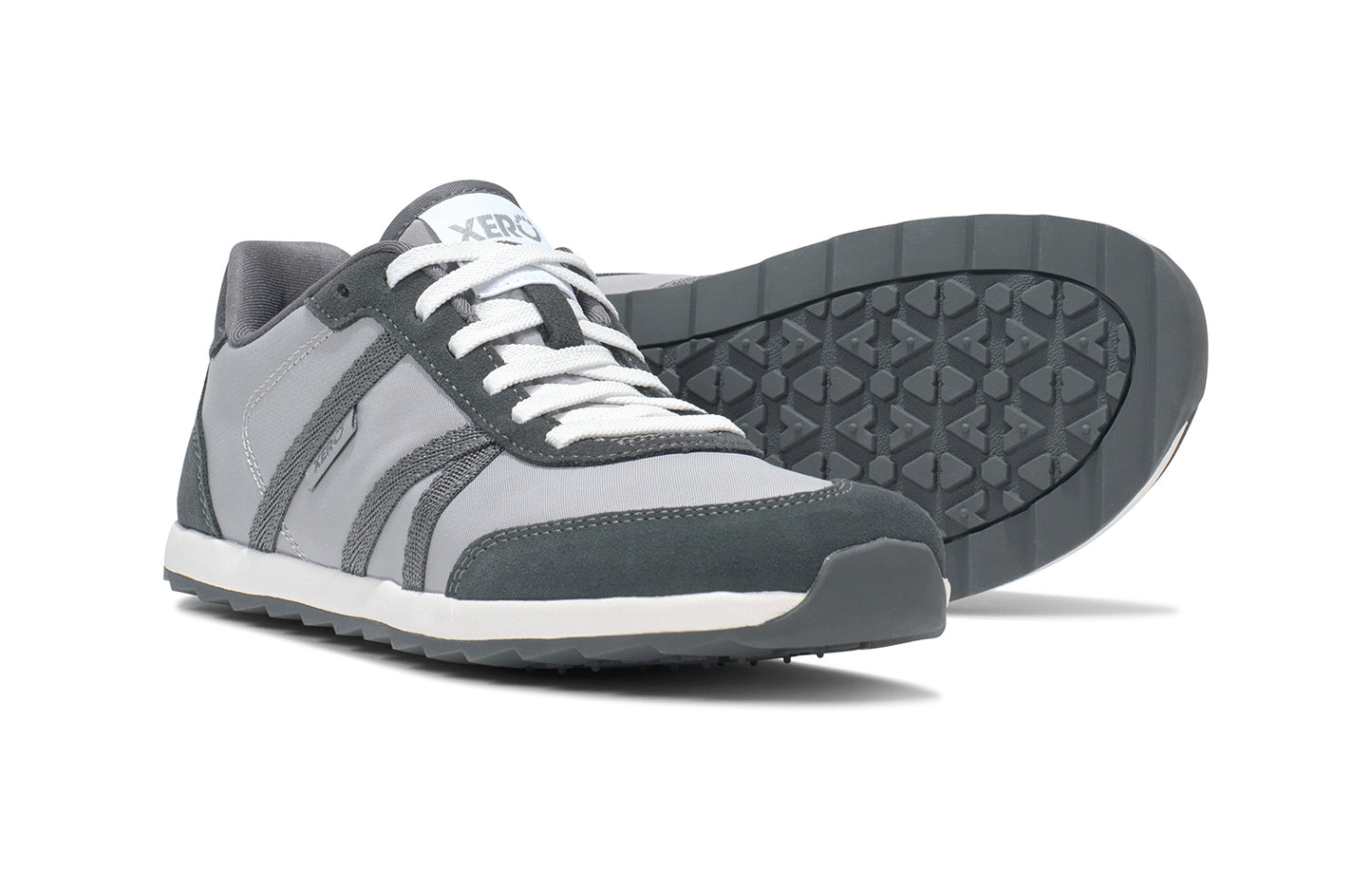 Xero Barefoot Shoes sold in Ontario, Canada. These minimalist shoes have flexible soles, wide toe boxes, and zero drop. Pair view of Xero's Wynn in Alloy/Steel Gray, a casual sneaker