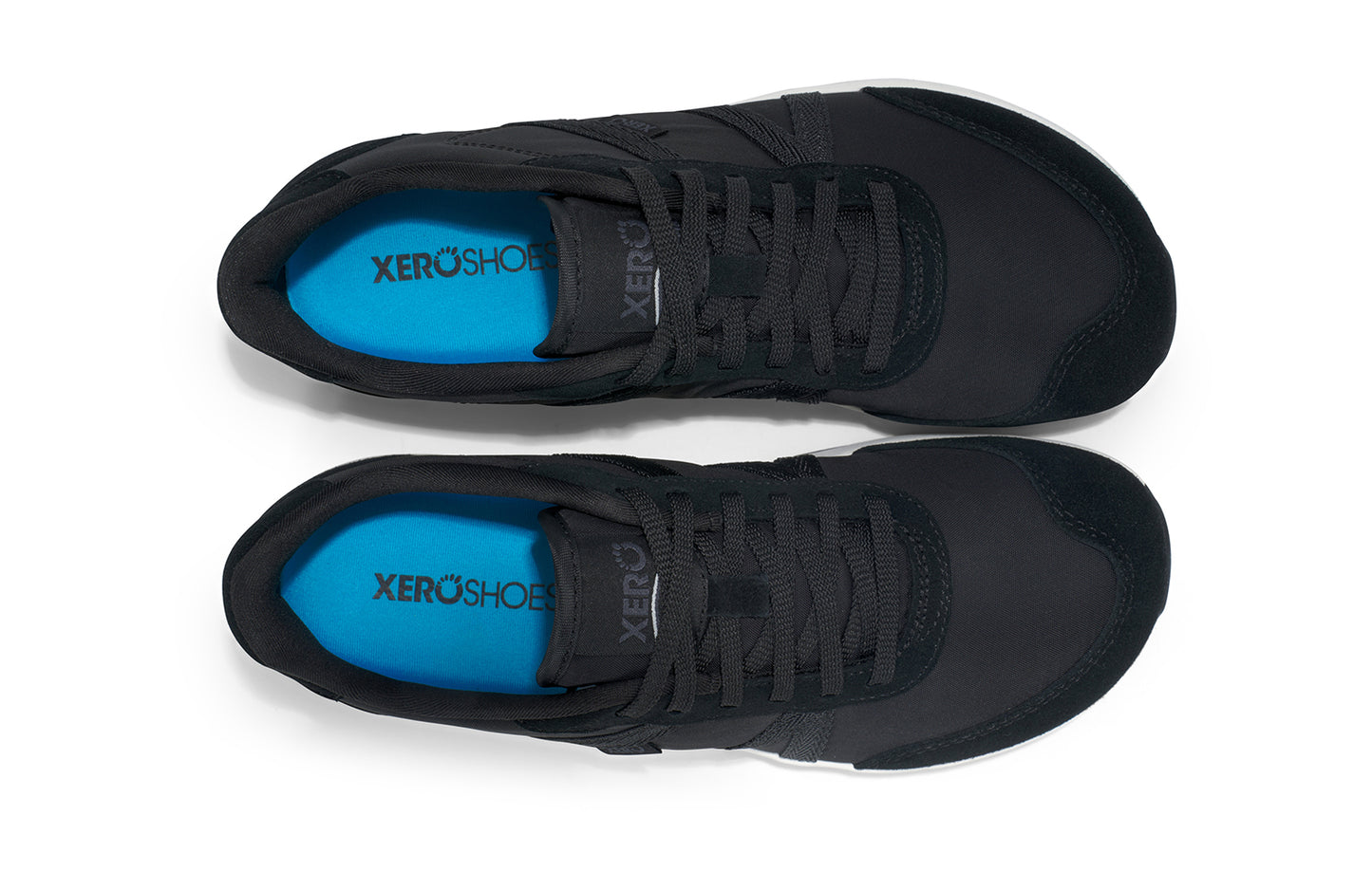 Xero Barefoot Shoes sold in Ontario, Canada. These minimalist shoes have flexible soles, wide toe boxes, and zero drop. Top view of Xero's Wynn in Black/White, a casual sneaker