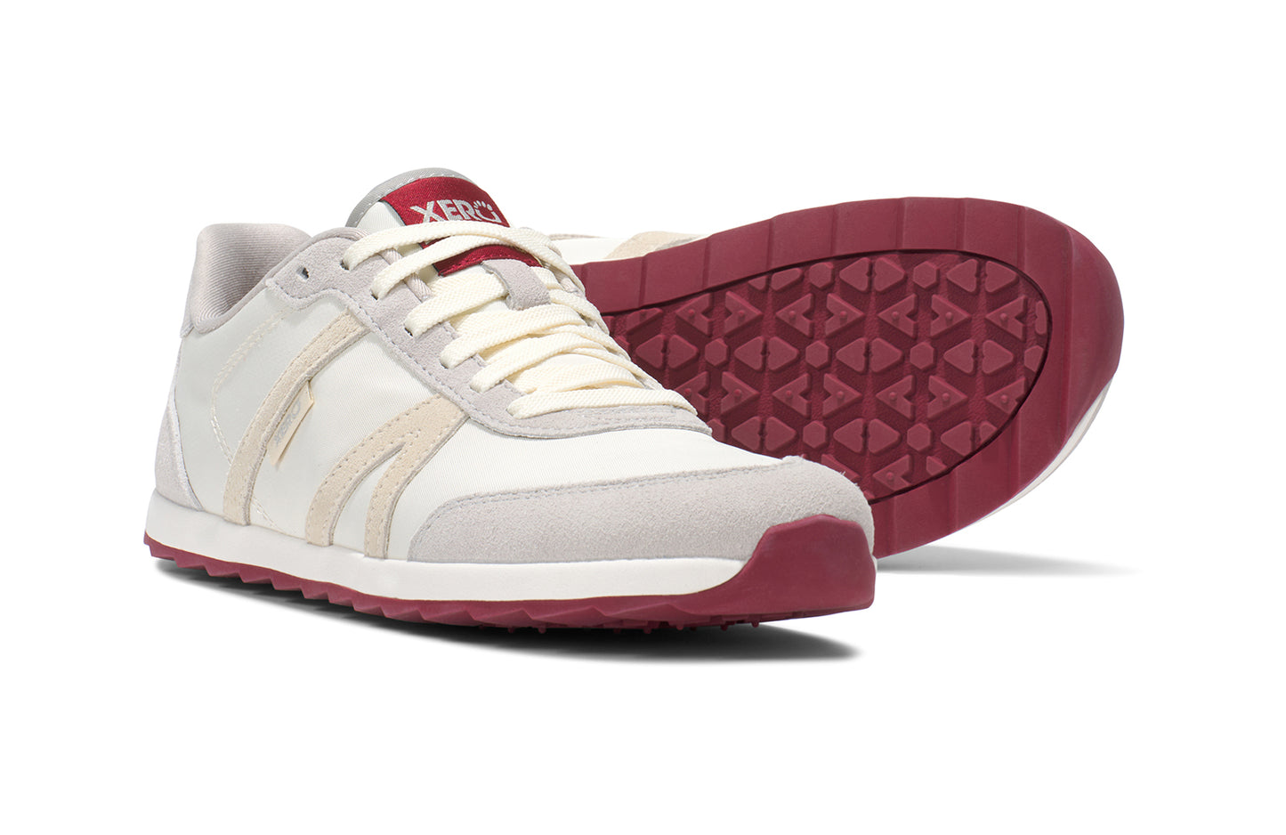 Xero Barefoot Shoes sold in Ontario, Canada. These minimalist shoes have flexible soles, wide toe boxes, and zero drop. Pair view of Xero's Wynn in Tan/Pink/Sand/Red, a casual sneaker