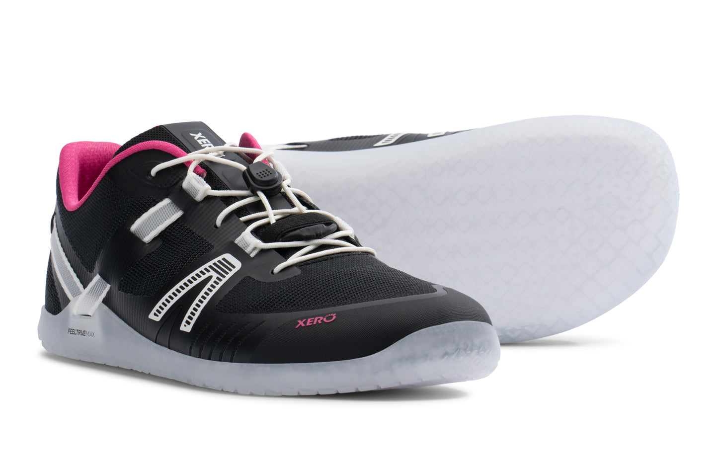 Black and pink athletic shoe with white sole on a white background. Tru Stride Co brings Xero Shoes to Canada