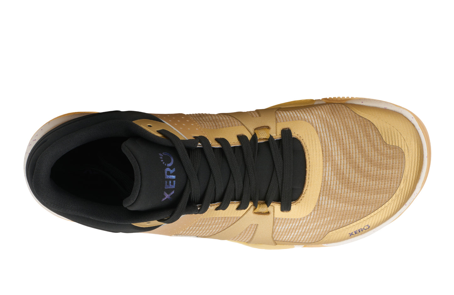 Gold basketball shoe with black laces on a white background. Tru Stride Co brings Xero Shoes to Canada