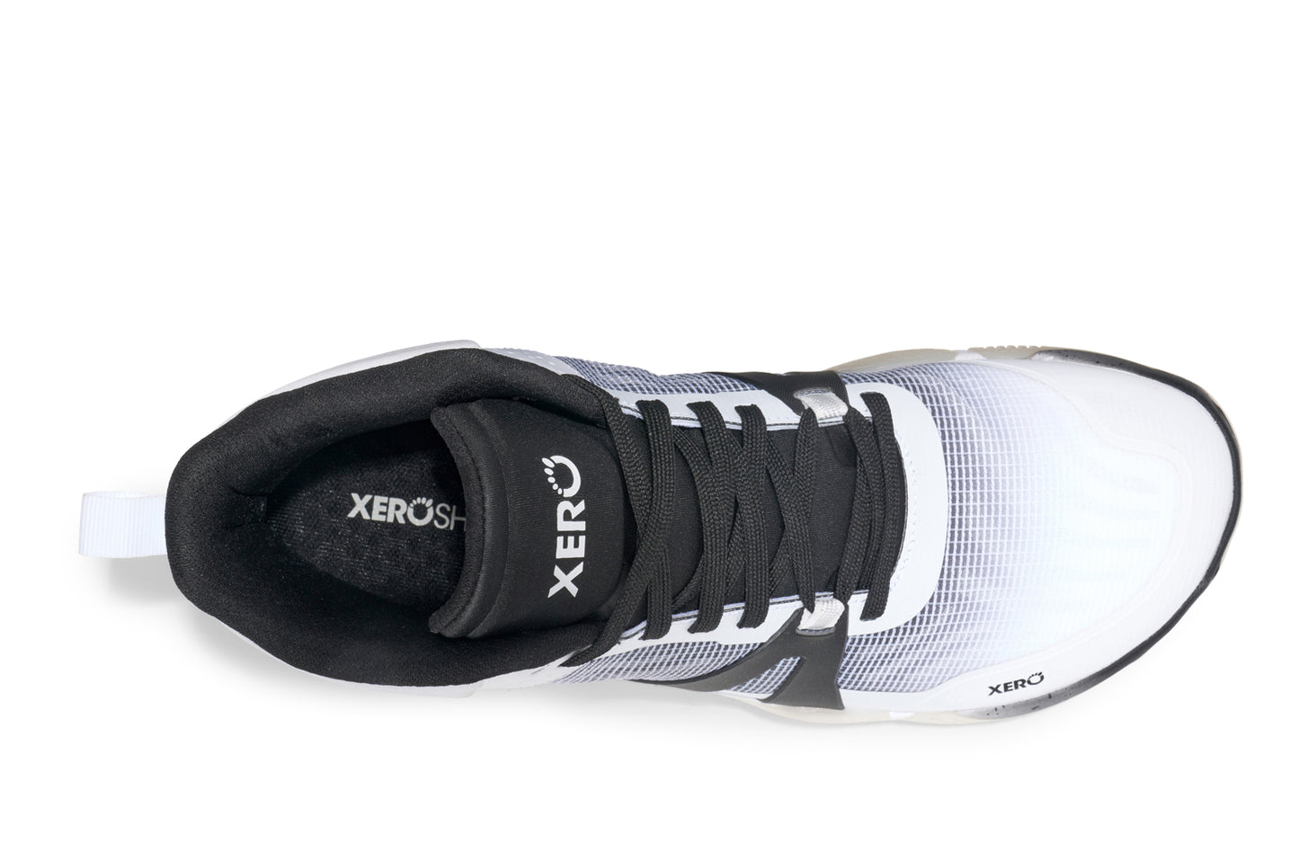 Black and white basketball shoe with 'Xero' branding on a white background. Tru Stride Co brings Xero Shoes to Canada