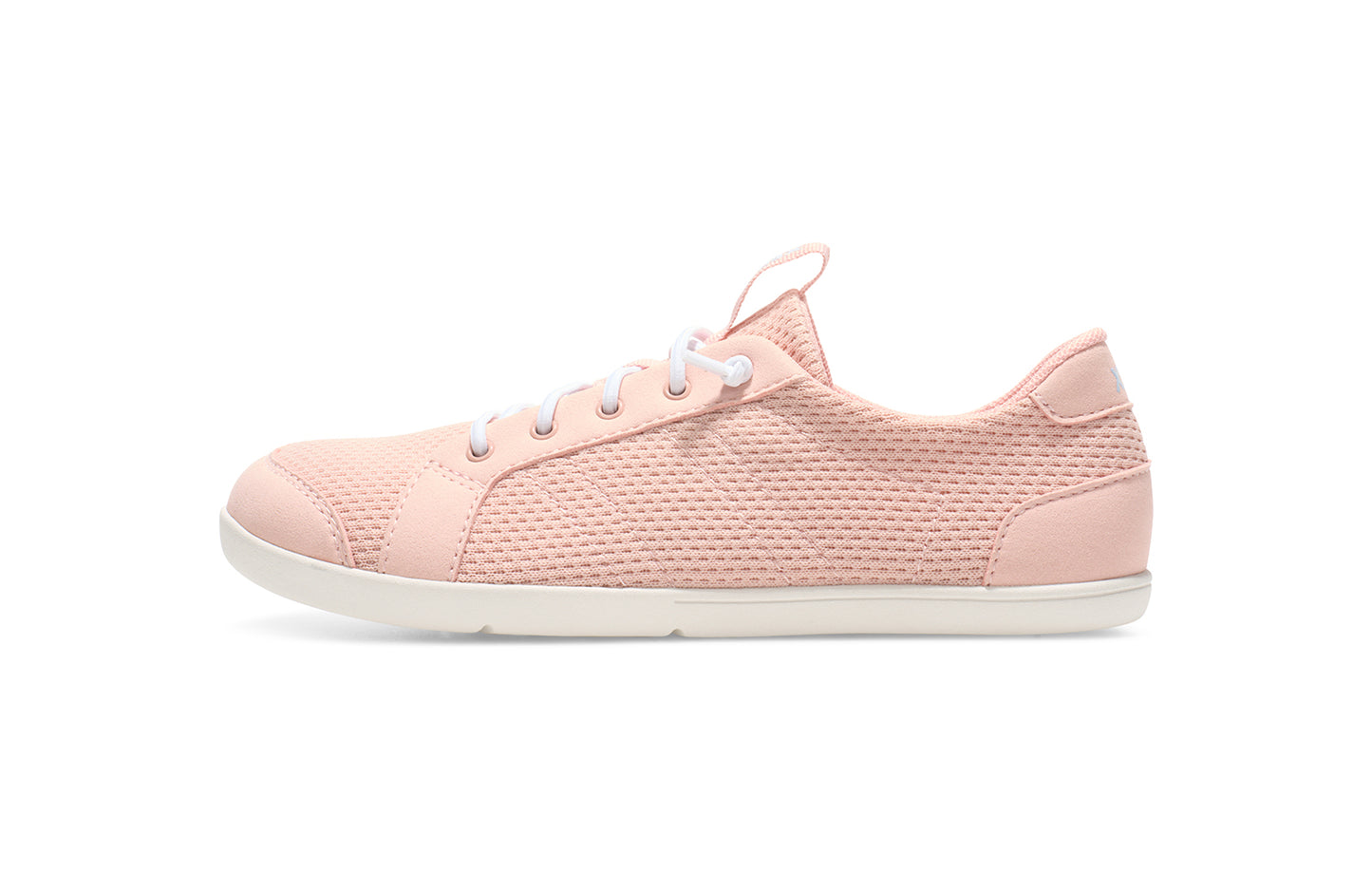 Xero Shoes Canada, barefoot shoes for kids. These minimalist shoes have flexible soles, wide toe boxes, and zero drop. Side view of Xero Big Kid's Dillon in Pink Sand, a classic sneaker.